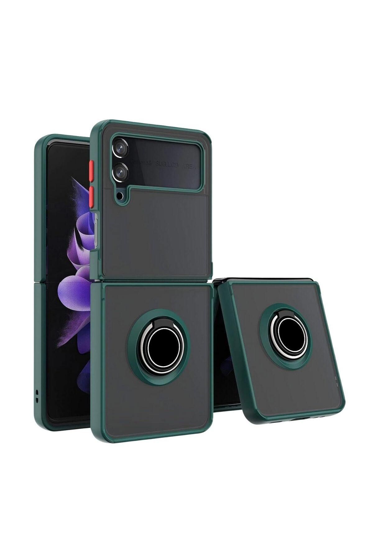 HANPORIUM Samsung Galaxy Z Flip 4 Uyumlu Kılıf Yüzüklü Standlı Extra Darbe Koruma Sert Silikon Kapak-Yeşil