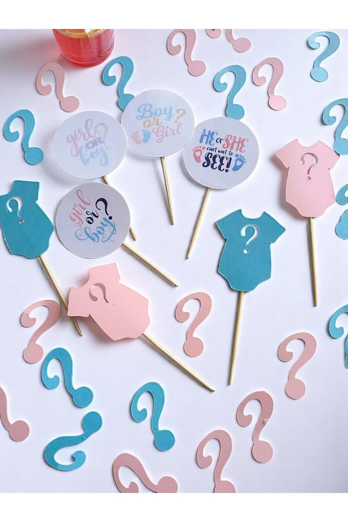 Armada 8 Adet Cinsiyet Partisi Karton Kürdan Pasta Süsü Ve Soru İşareti Pembe Mavi Konfeti ( 4 cm * 8 cm)