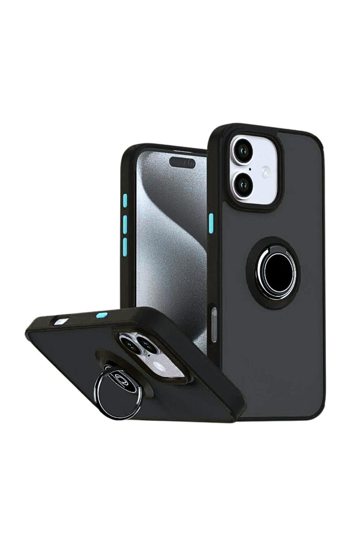 HANPORIUM Apple iPhone 16 Uyumlu Kılıf Yüzüklü Standlı Extra Darbe Koruma Sert Silikon Kapak - Siyah