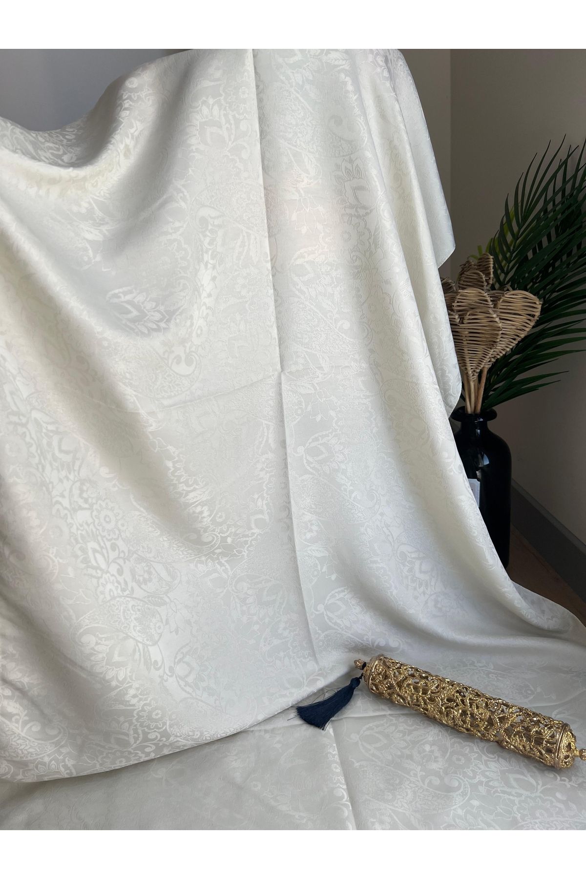 VaVscarfs Sarmaşık Etnik Desen Pamuk Jakar Şal Ekru