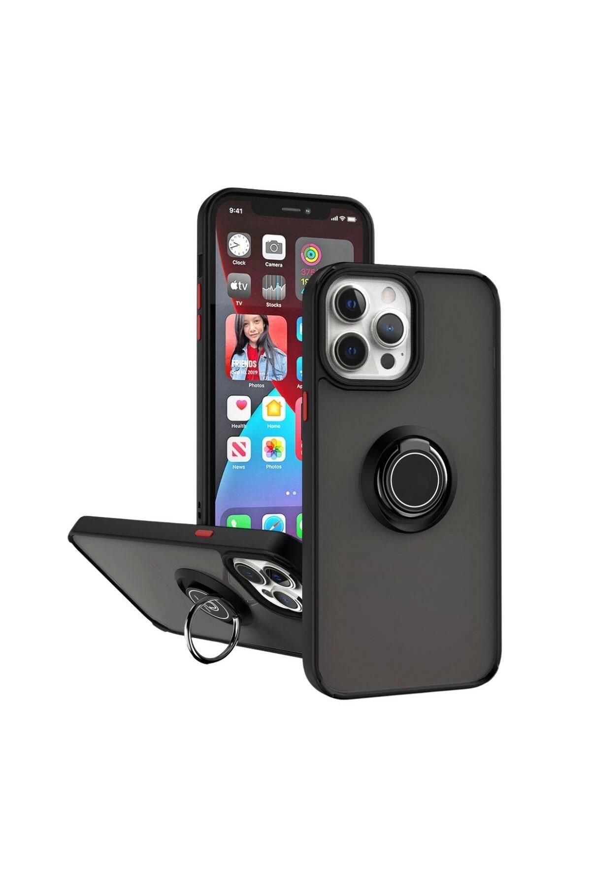 HANPORIUM Apple iPhone 12 Pro Uyumlu Kılıf Yüzüklü Standlı Extra Darbe Koruma Sert Silikon Kapak - Siyah