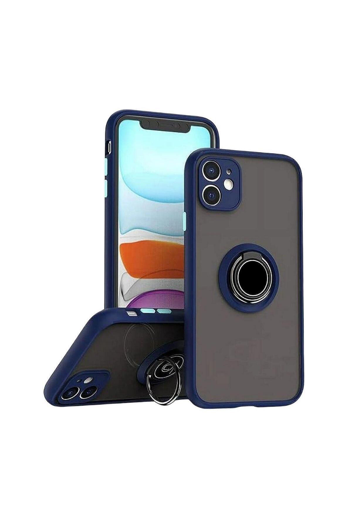 HANPORIUM Apple iPhone 11 Uyumlu Kılıf Yüzüklü Standlı Extra Darbe Koruma Sert Silikon Kapak - Lacivert
