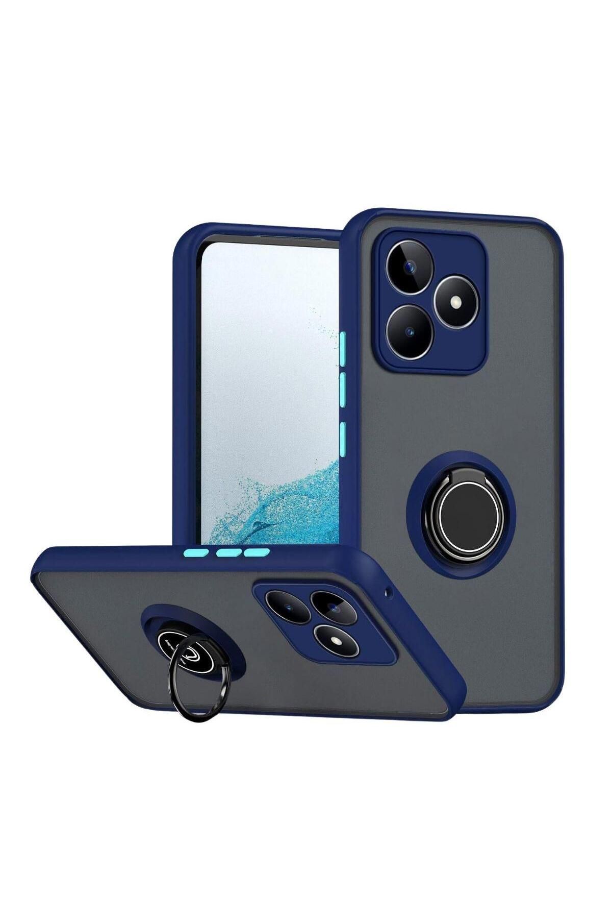 HANPORIUM Realme C53 Uyumlu Kılıf Yüzüklü Standlı Extra Darbe Koruma Sert Silikon Kapak - Lacivert