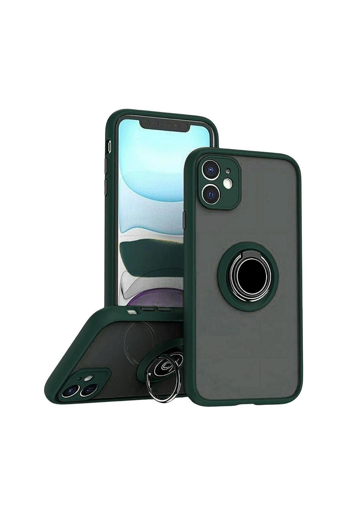 HANPORIUM Apple iPhone 11 Uyumlu Kılıf Yüzüklü Standlı Extra Darbe Koruma Sert Silikon Kapak - Yeşil