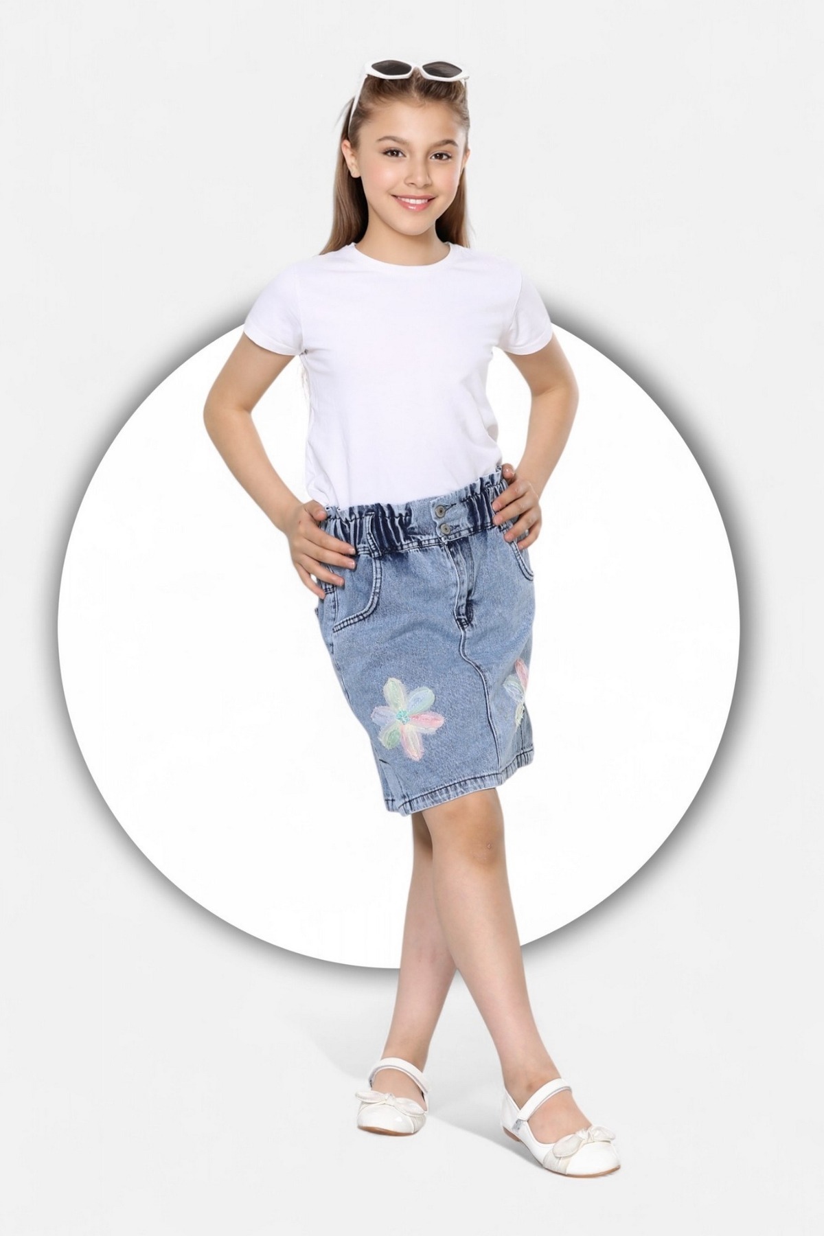 ModiClas  % 100 Pamuk-Yüksek Bel-Çift Düğmeli-Tül Zambak Süslemeli-Taş Yıkamalı-Kız Çocuk Kot Etek - Görsel 2