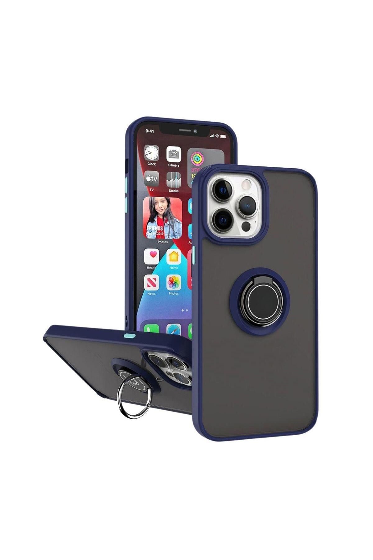 HANPORIUM Apple iPhone 12 Pro Uyumlu Kılıf Yüzüklü Standlı Extra Darbe Koruma Sert Silikon Kapak -Lacivert