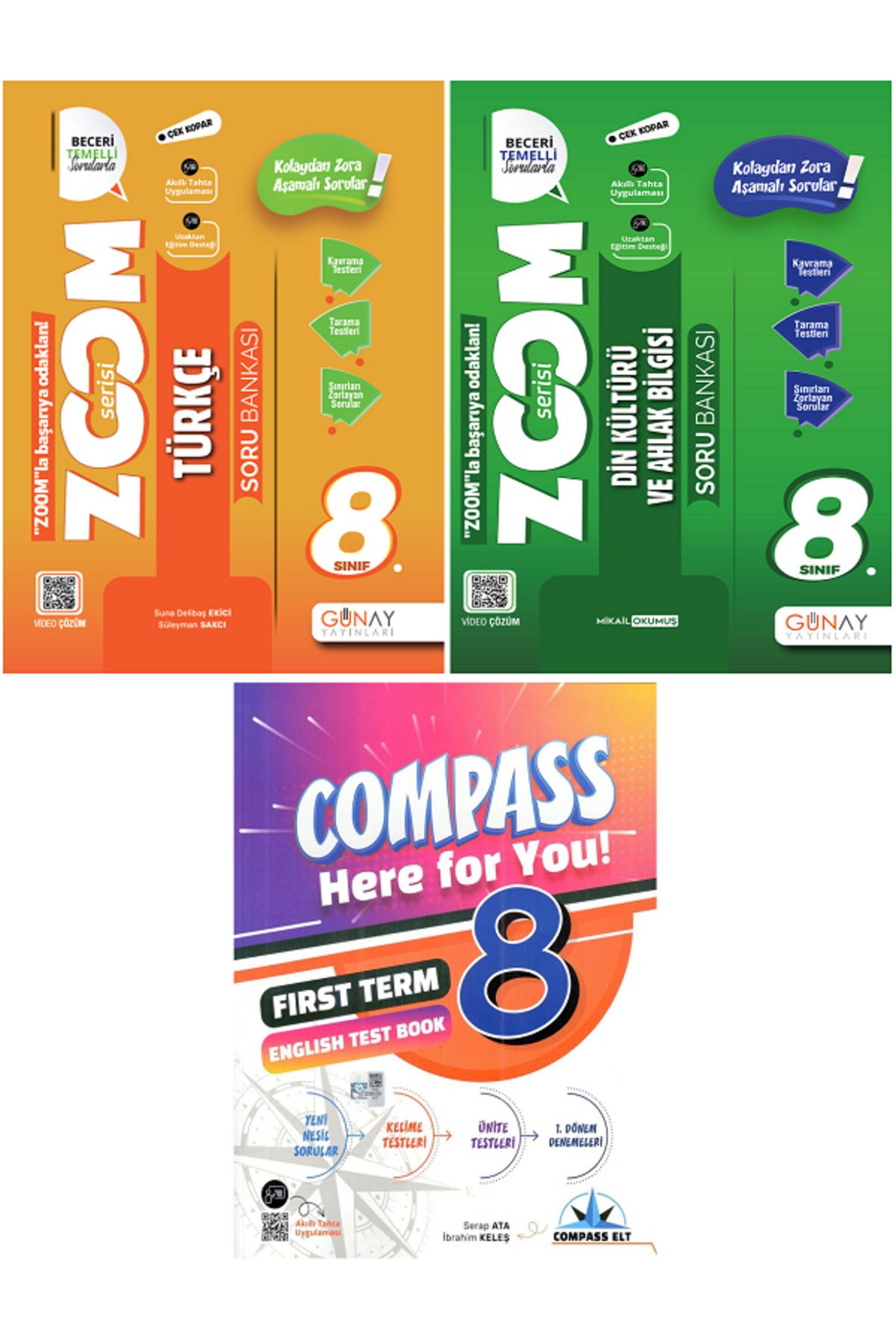 Efsane Yayınları 8.Sınıf Günay Zoom Türkçe + Din Kültürü Soru Bankası + Compass İngilizce Test Book HEDİYE -3 KİTAP