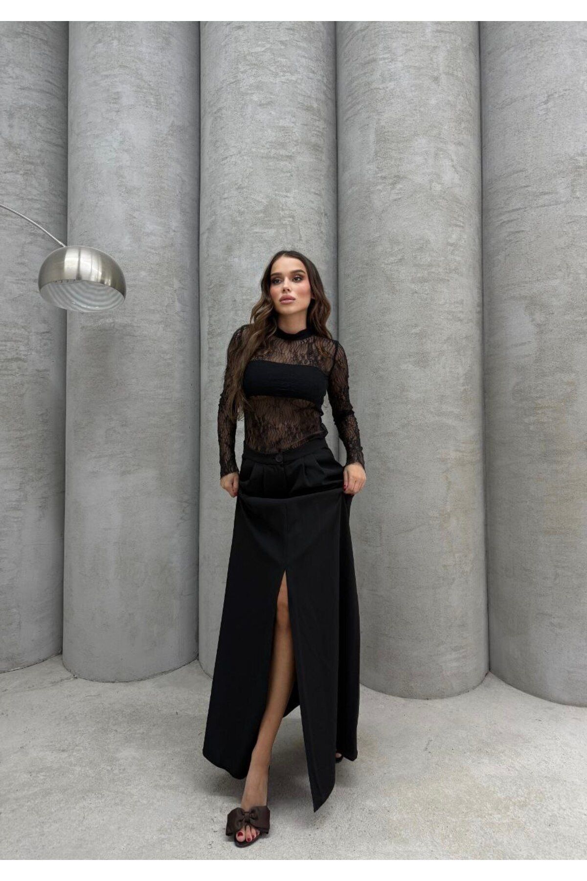 NİCE STYLE likralı tül bodysuit,siyah crop, yirtmaç detay etek 3lü takım