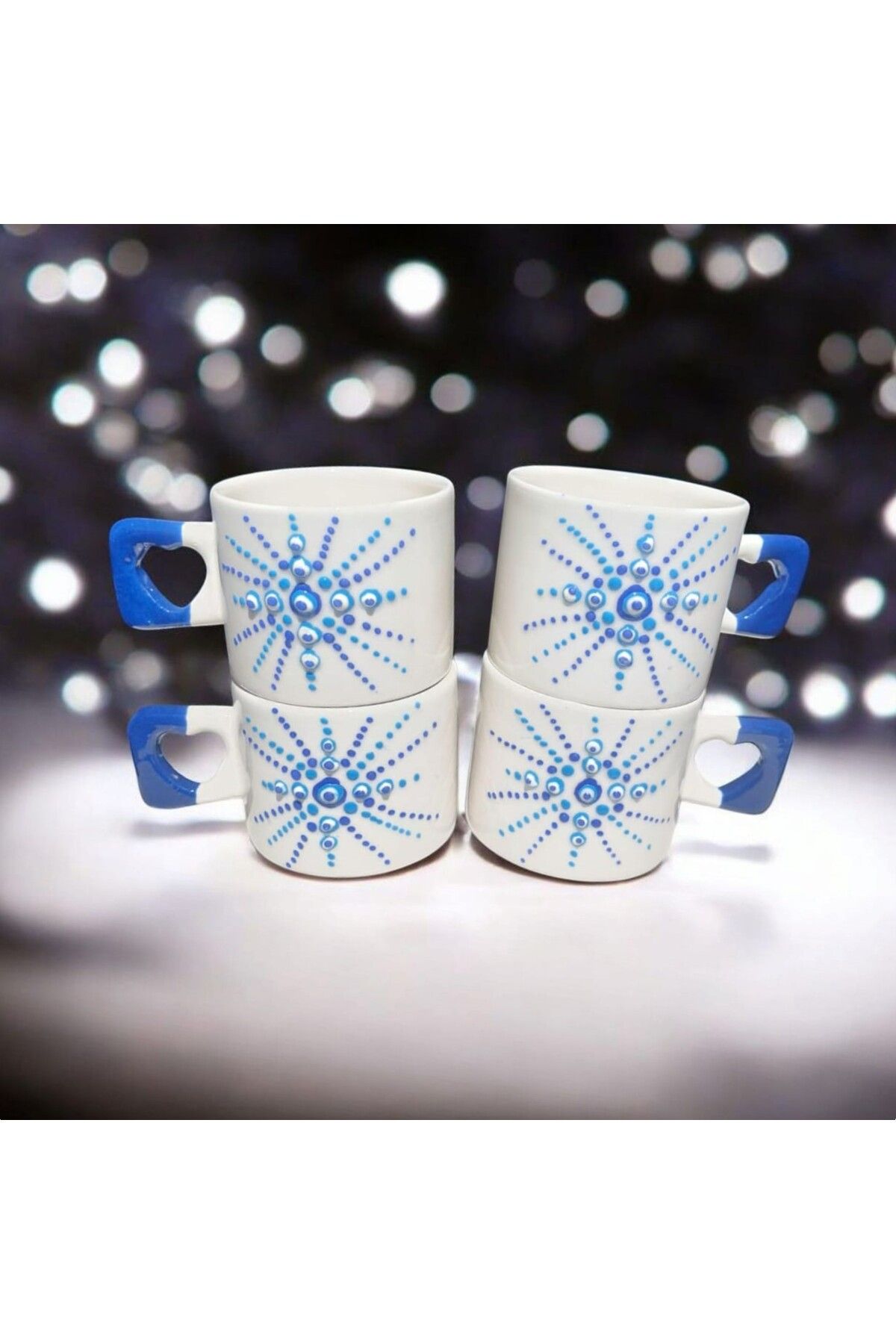 Simge Seramik 4'lü Nazar Boncuğu İşlemeli Lacivert Kalp Kulp El İşi Doğal Seramik Mug Kupa Çay/ Cappuccino Fincanı