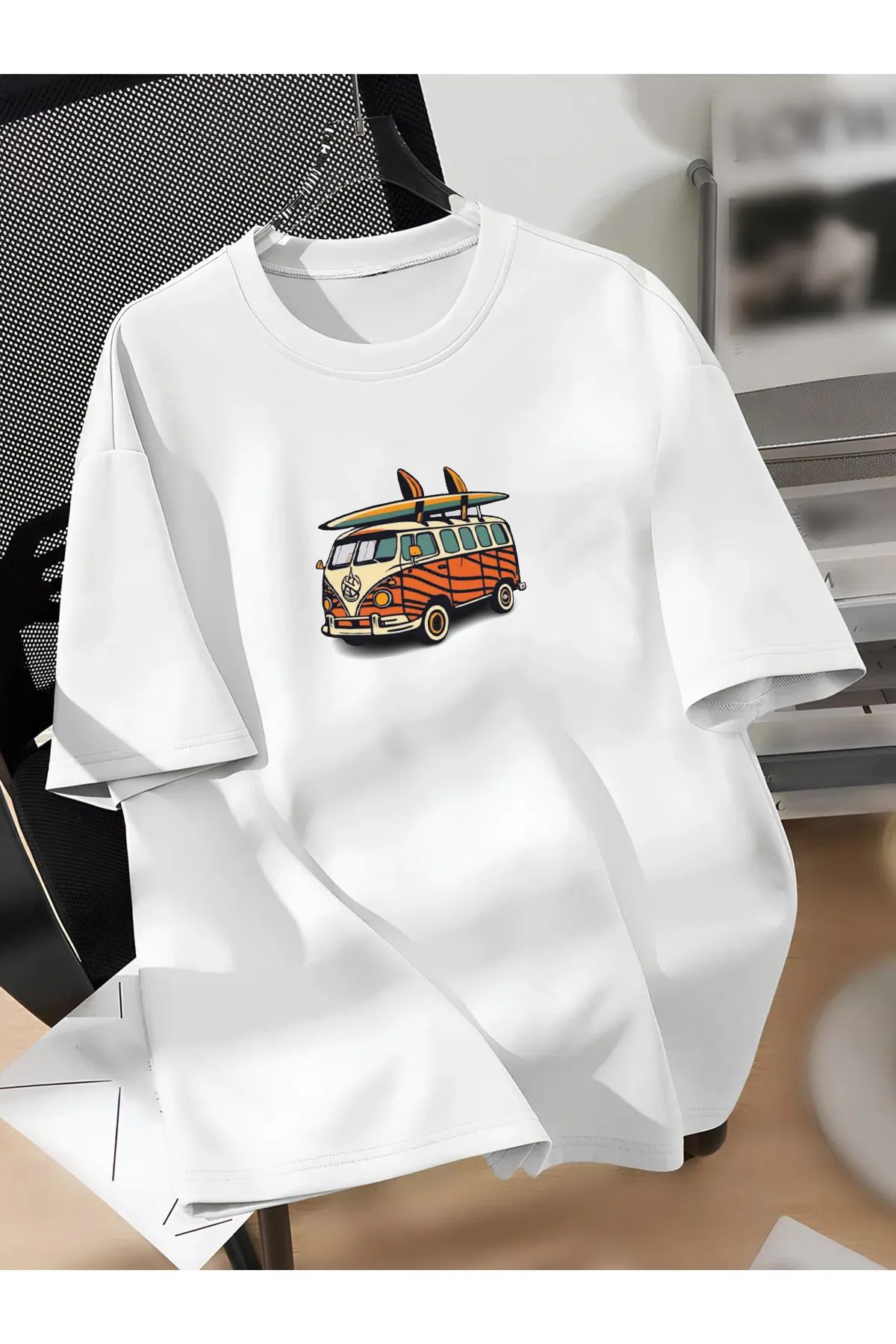 Cool mans Oversize Büyük Beden Battal Pamuklu Karavan Vosvos Baskılı Bisiklet Yaka T-Shirt