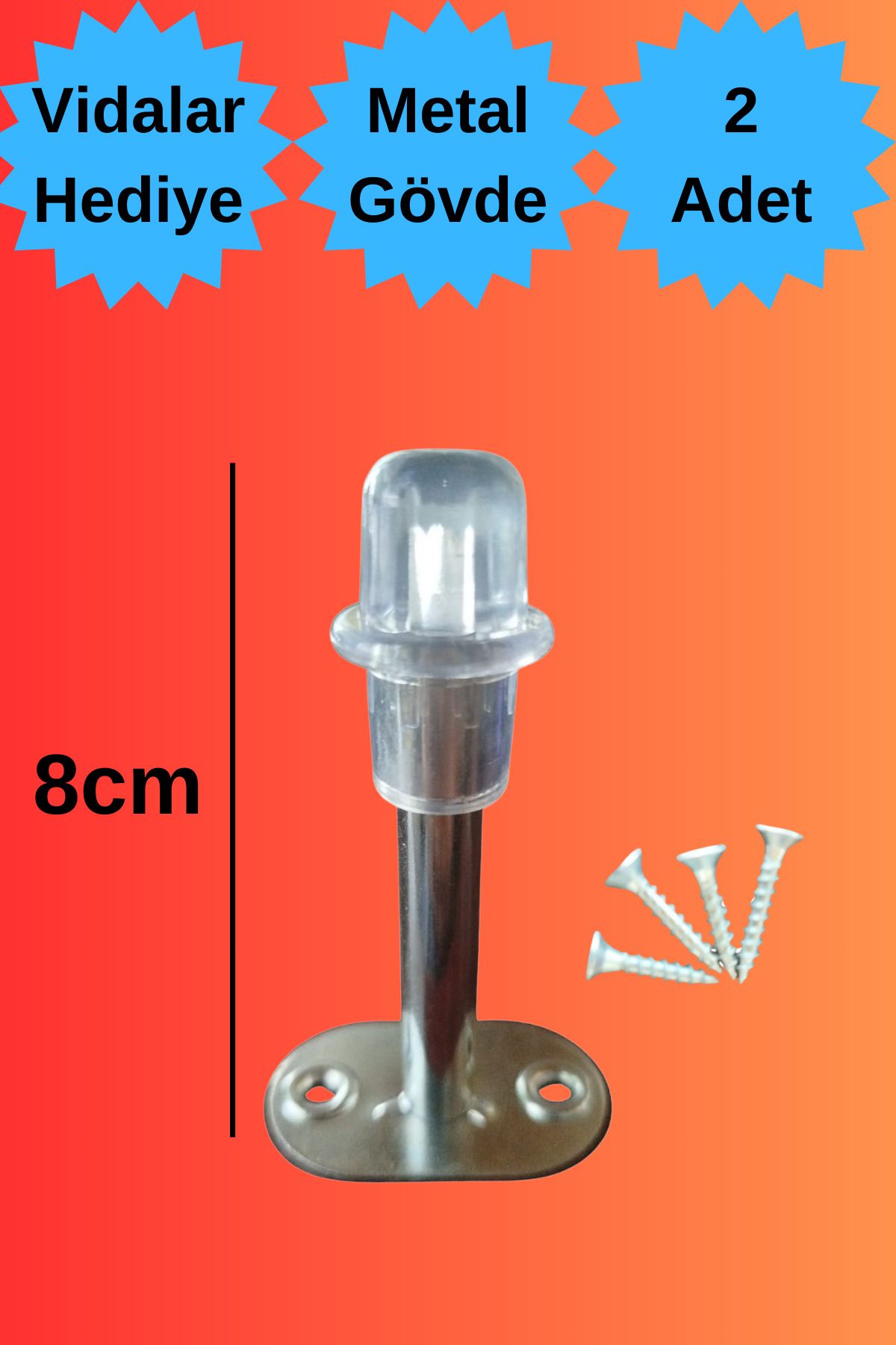 HAFSER Metal Stoper Kapı Pencere Arkası Krom Renk Tampon 8 CM Vidalı Duvar Koruyucu Silikon Stoper 2 Adet