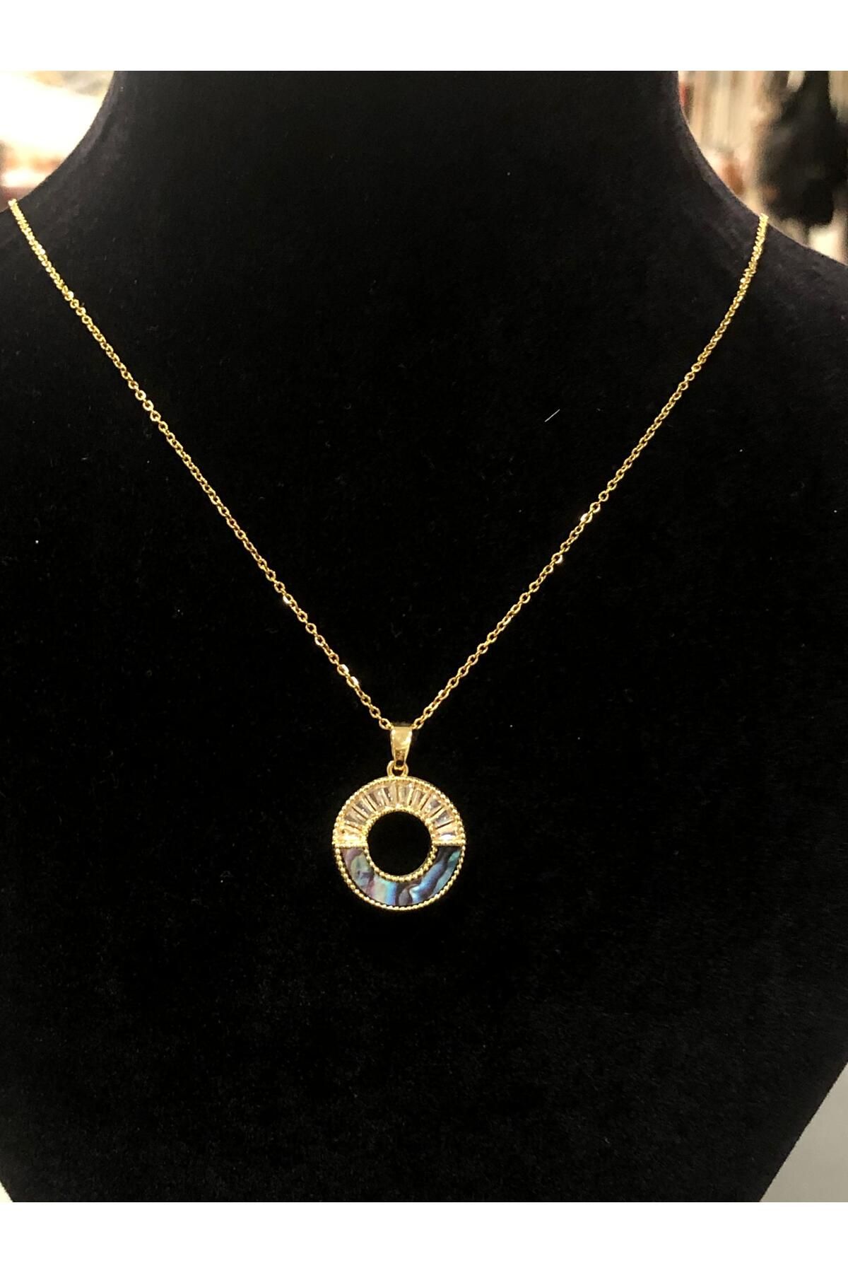 Bijutek Paslanmaz Çelik Gold Taşlı İncili İşlemeli - Desenli Kadın Kolye