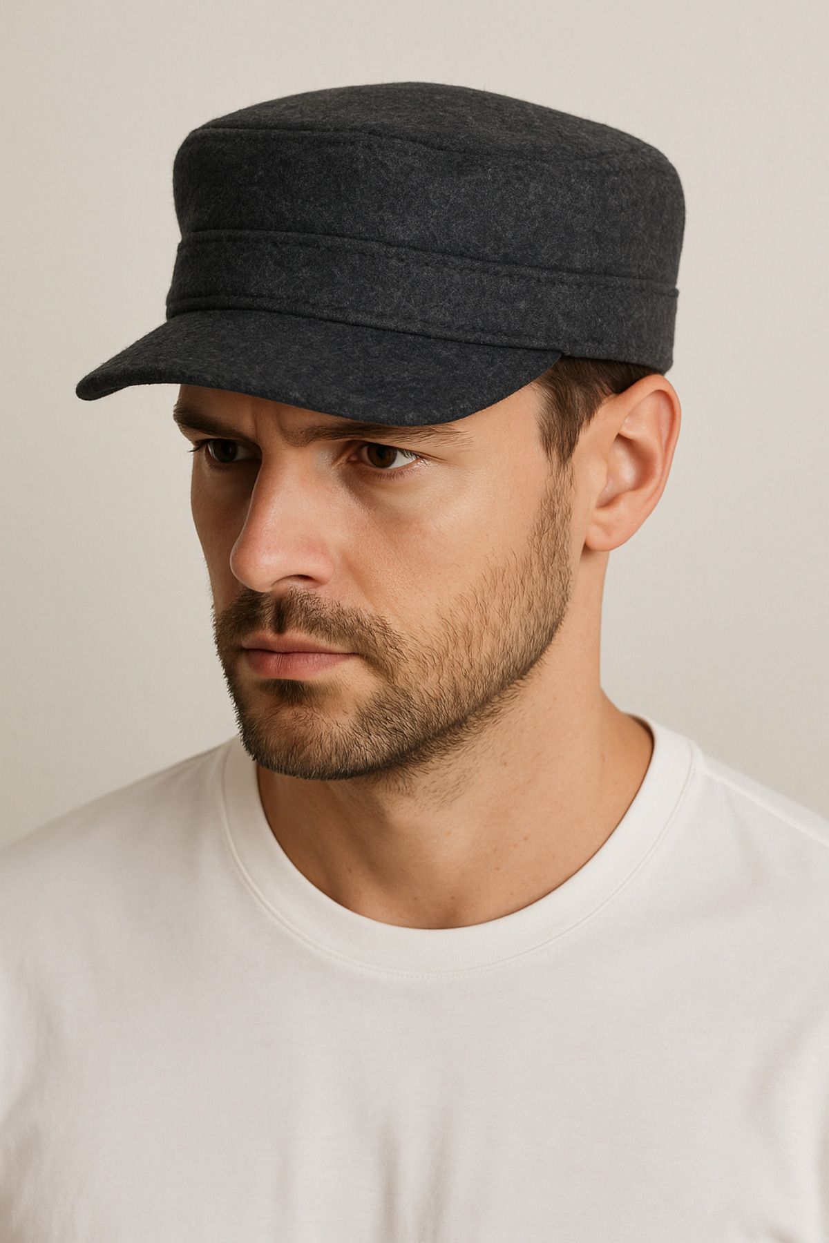 HatClub Exclusive Erkek Füme Renk Şık ve Modern Askeri Tarz Yün Kumaş Castro Şapka