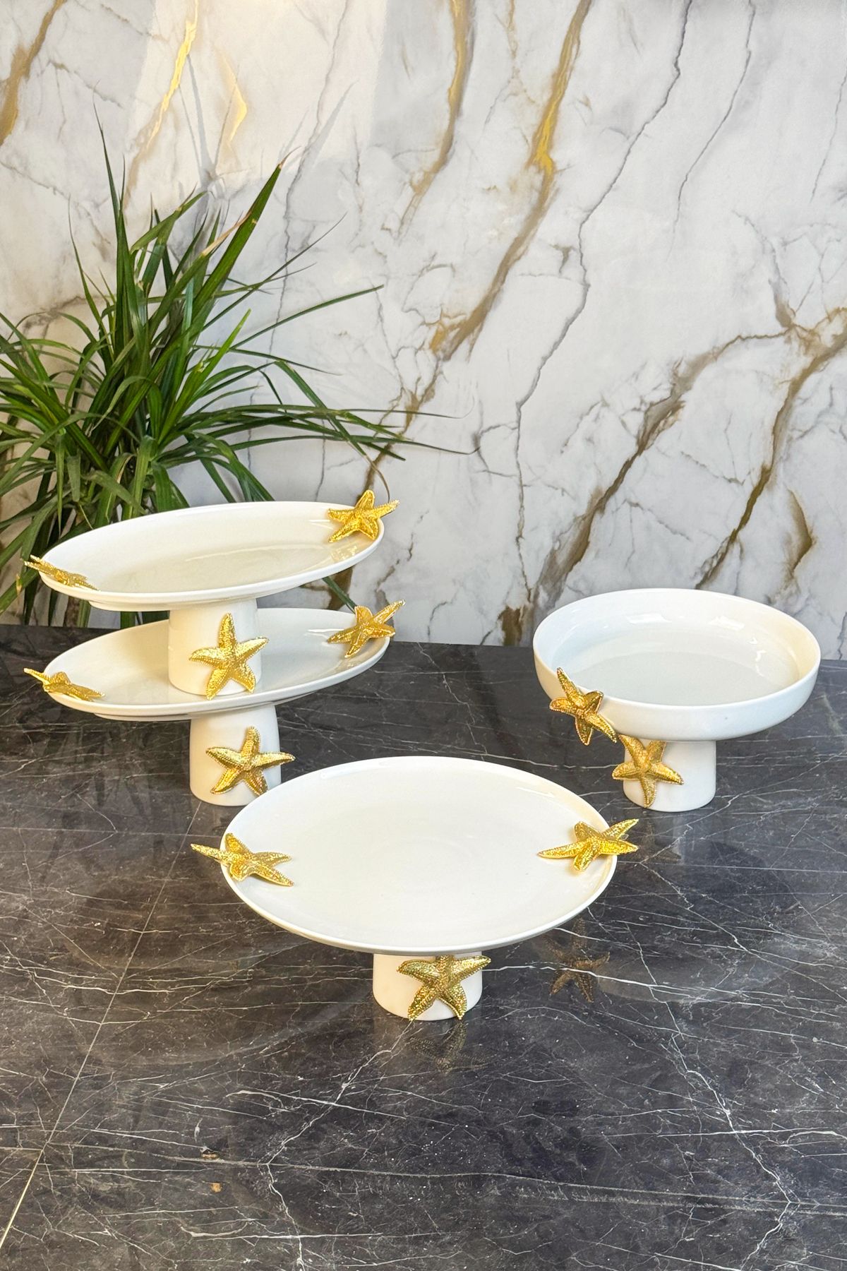 MAY HOME Deniz Yıldızı Porselen Sunum Seti & Gold Tabak Kase Servis Seti