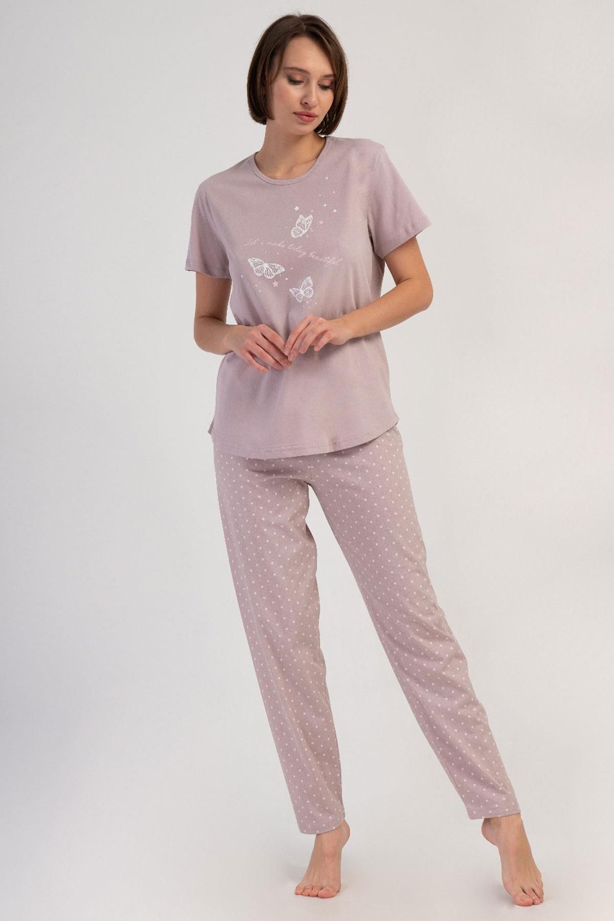 VİENETTA Kadın Büyük Beden Kısa Kol Pudra Pijama Takımı C0T7N2O804