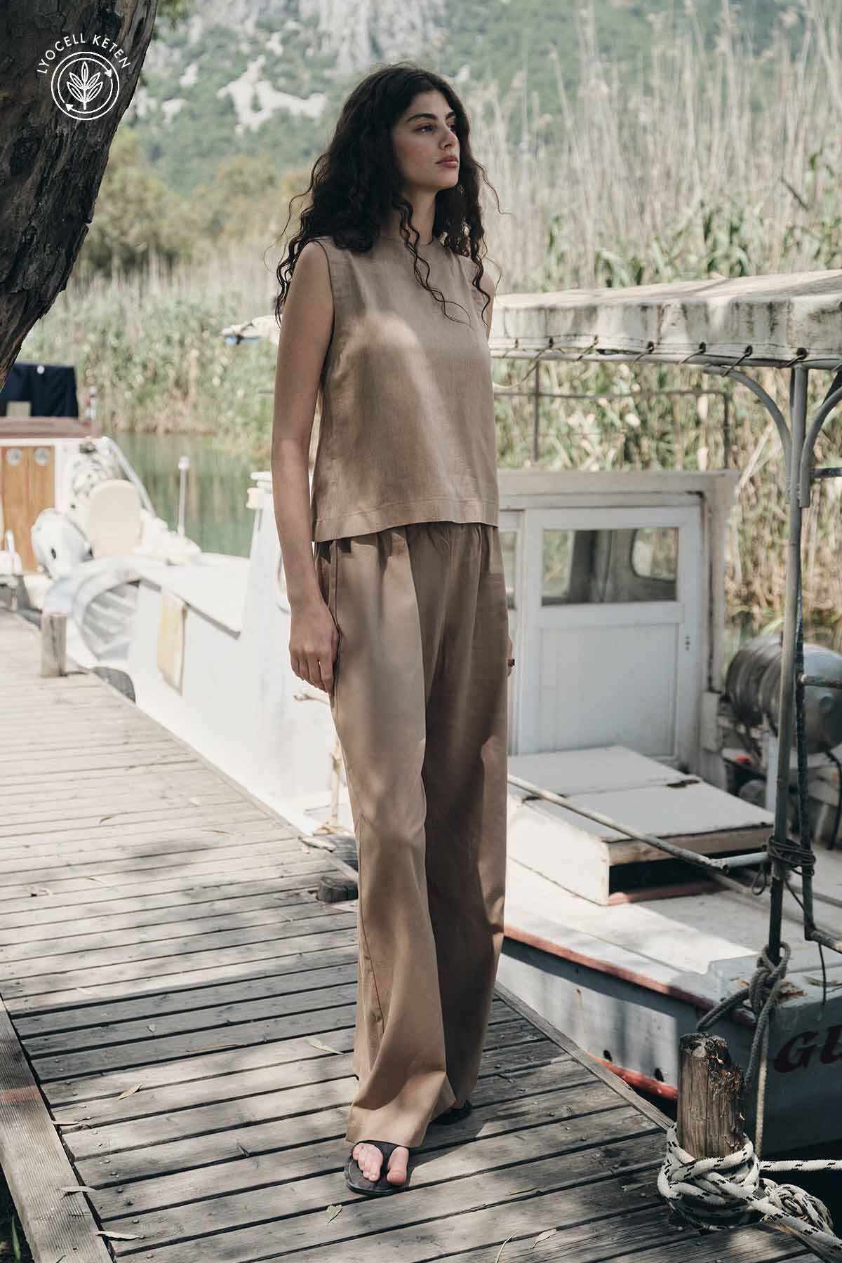 Hooopstore Lyocell Keten Dökümlü Lastikli Sütlü Kahve Pantolon