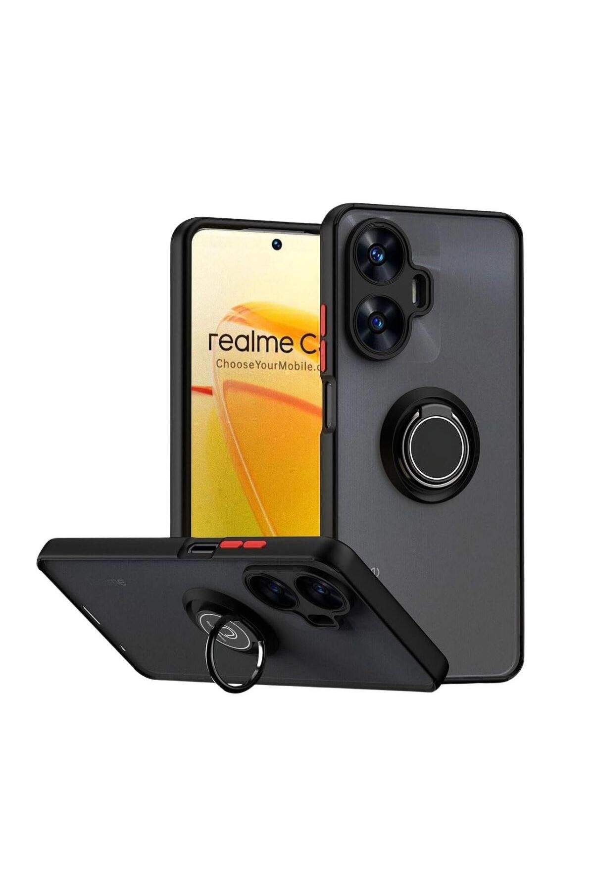 HANPORIUM Realme C55 Uyumlu Kılıf Yüzüklü Standlı Extra Darbe Koruma Sert Silikon Kapak - Siyah