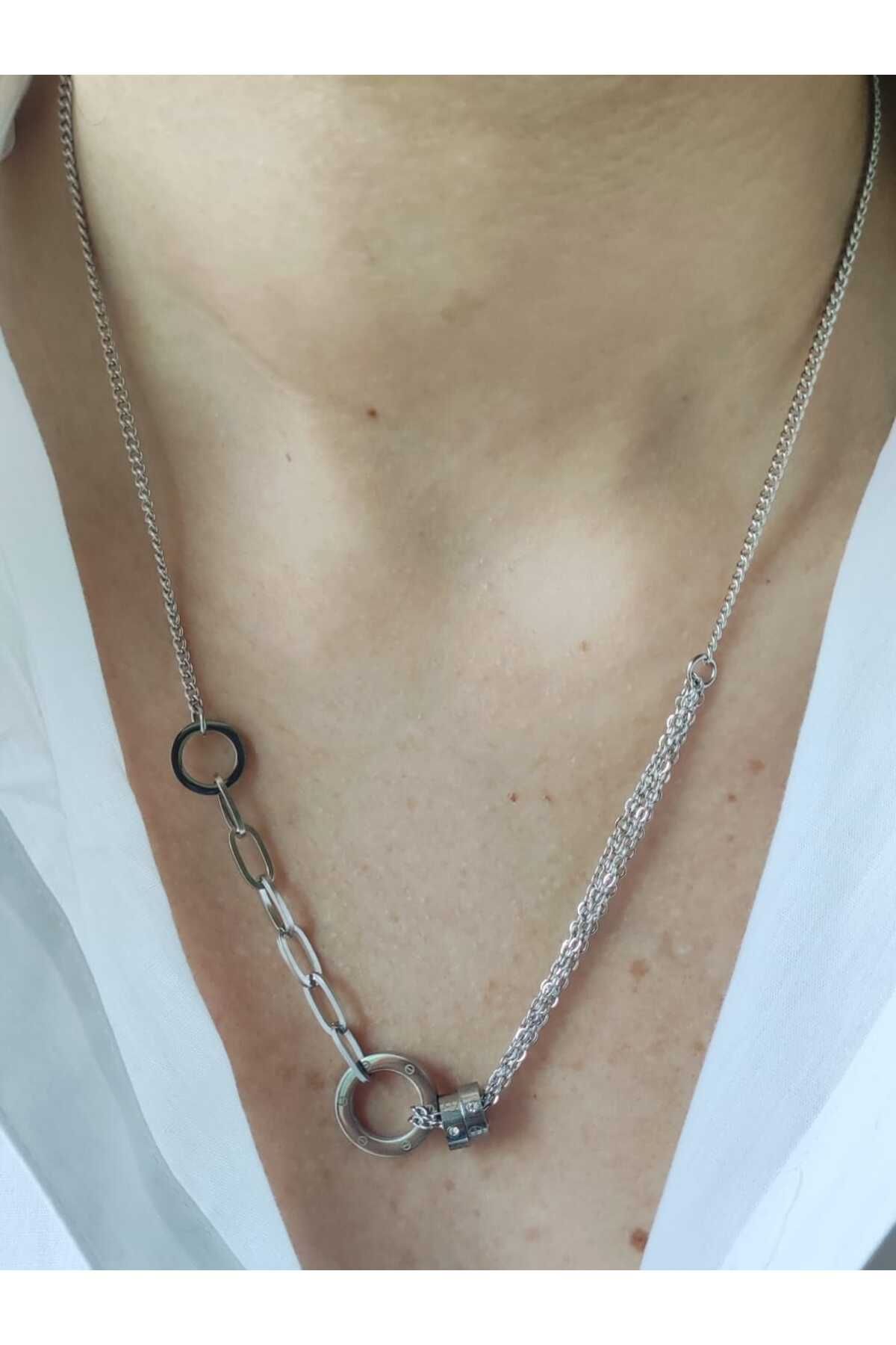 MoS JEWELLERY Gümüş Renk Asimetrik Halka Detaylı Modern Zincir Kolye - Paslanmaz Çelik