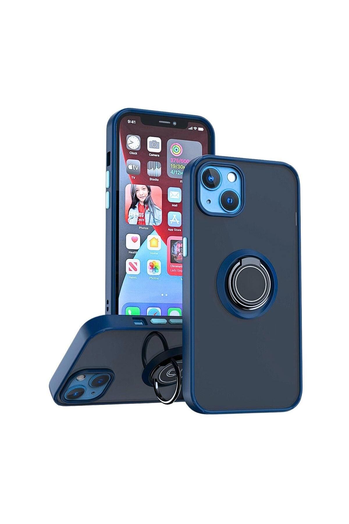 HANPORIUM Apple iPhone 13 Uyumlu Kılıf Yüzüklü Standlı Extra Darbe Koruma Sert Silikon Kapak - Lacivert