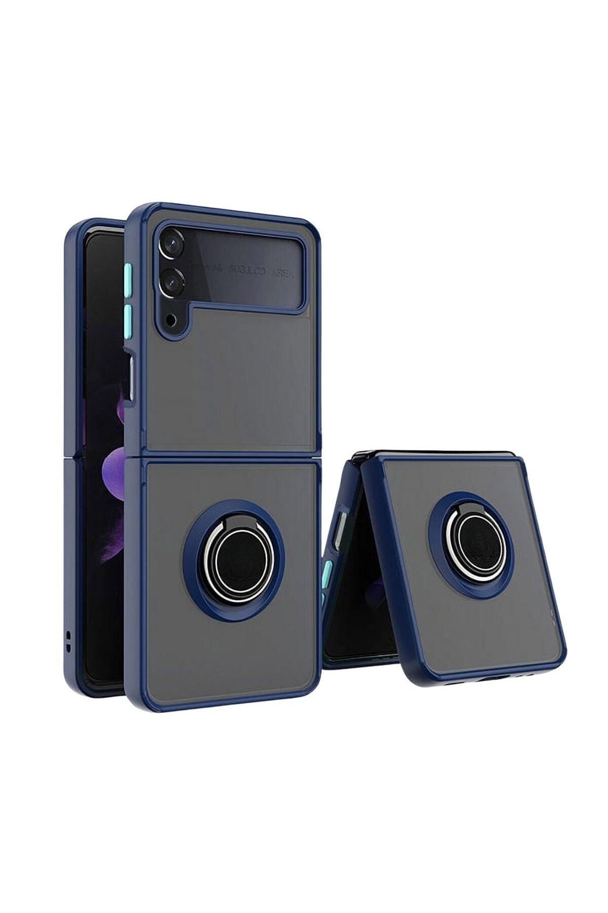 HANPORIUM Samsung Galaxy Z Flip 4 Uyumlu Kılıf Yüzüklü Standlı Extra Darbe Koruma Sert Kapak - Lacivert