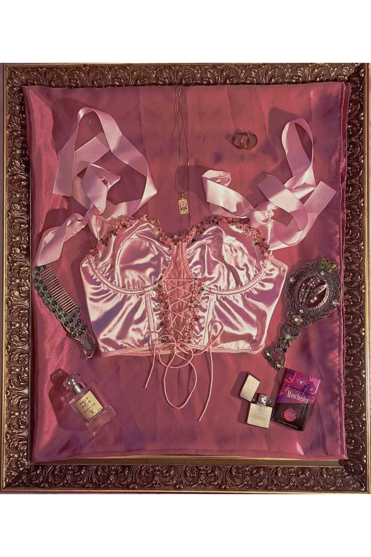 ALEİDANIN KOLEKSYONU Pembe Büstiyer Pembe Korse Vintage Giyim Retro Krop Kadın Üst Giyim Yaz Günlük Nakış