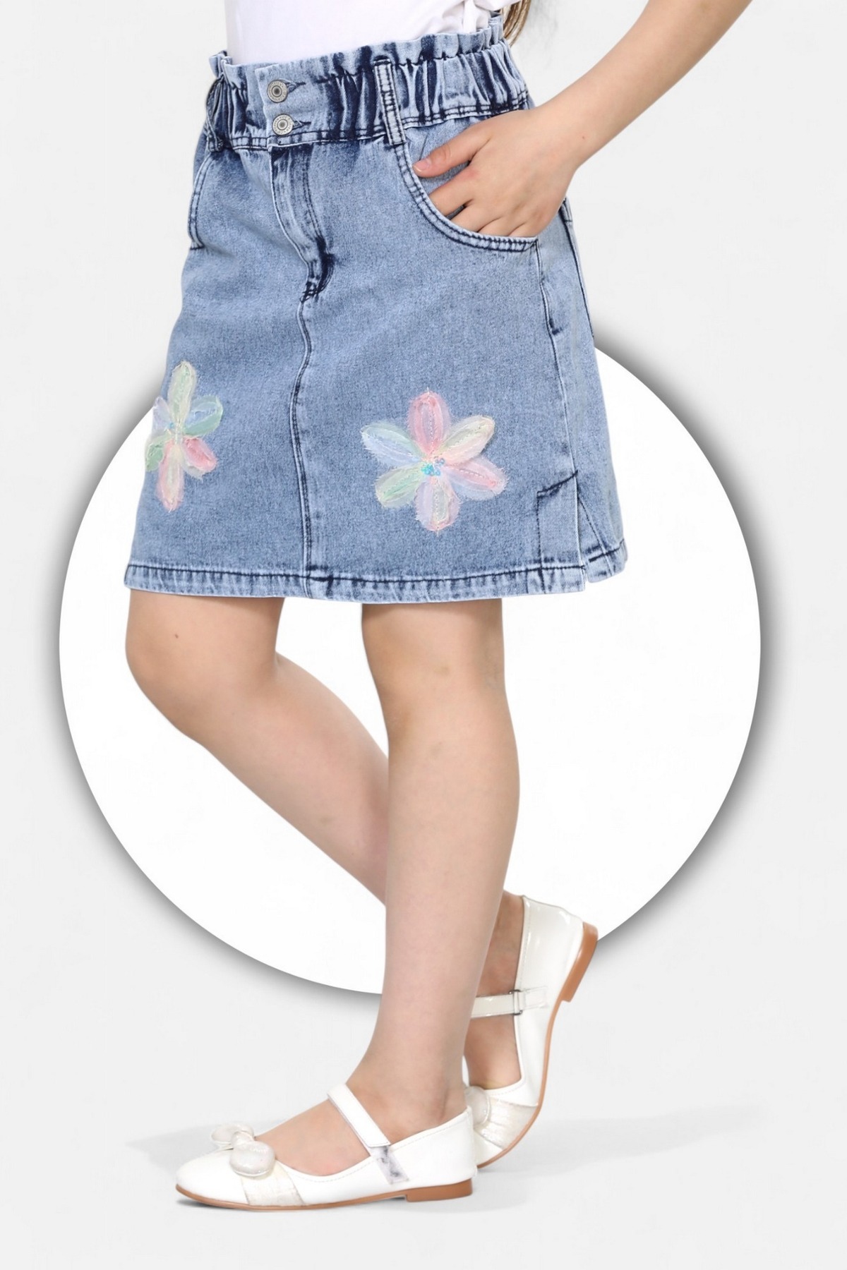 ModiClas  % 100 Pamuk-Yüksek Bel-Çift Düğmeli-Tül Zambak Süslemeli-Taş Yıkamalı-Kız Çocuk Kot Etek - Görsel 3