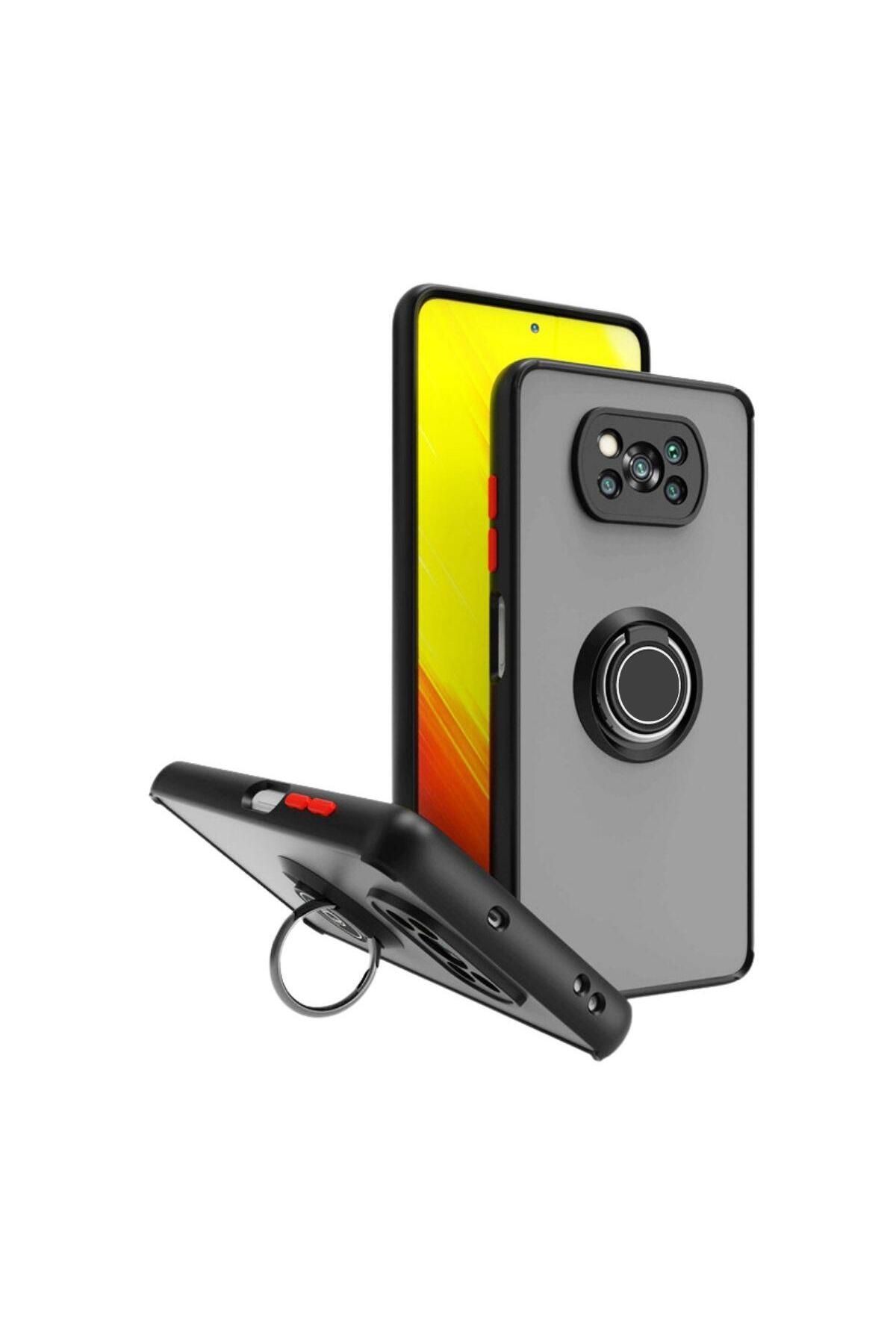 HANPORIUM Poco X3 NFC Uyumlu Kılıf Yüzüklü Standlı Extra Darbe Koruma Sert Silikon Kapak - Siyah
