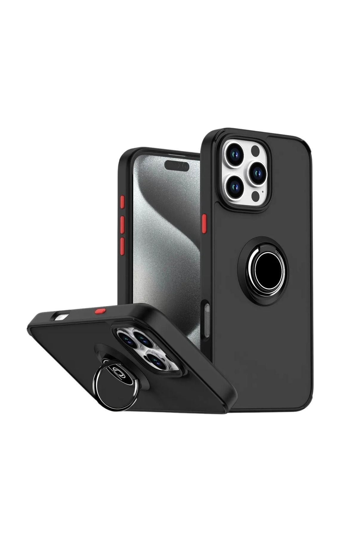 HANPORIUM Apple iPhone 16 Pro Uyumlu Kılıf Yüzüklü Standlı Extra Darbe Koruma Sert Silikon Kapak - Siyah