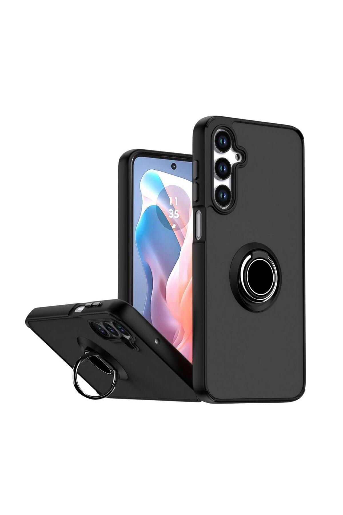 HANPORIUM Samsung Galaxy A24 Uyumlu Kılıf Yüzüklü Standlı Extra Darbe Koruma Sert Silikon Kapak - Siyah