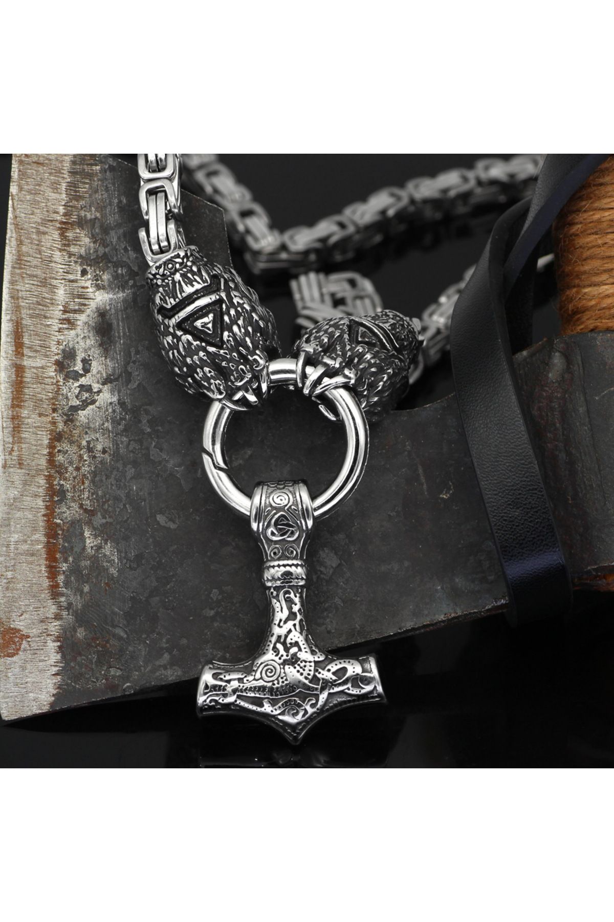 Viking Pençe İskandinav Mitolojisi Thor Mjolinir & Kral Zinciri 316L Çelik Kolye