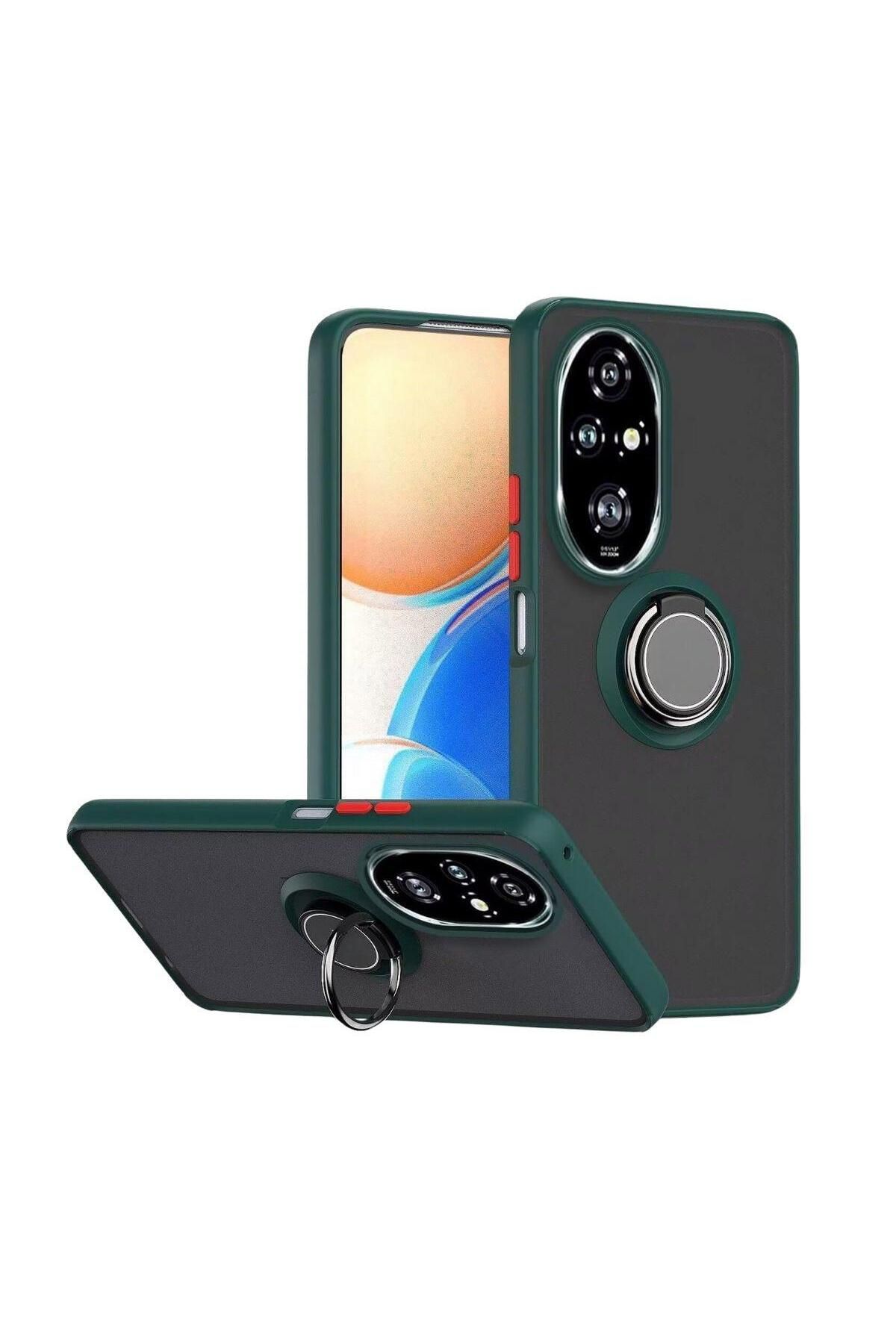 HANPORIUM Honor 200 Pro Uyumlu Kılıf Yüzüklü Standlı Extra Darbe Koruma Sert Silikon Kapak - Yeşil