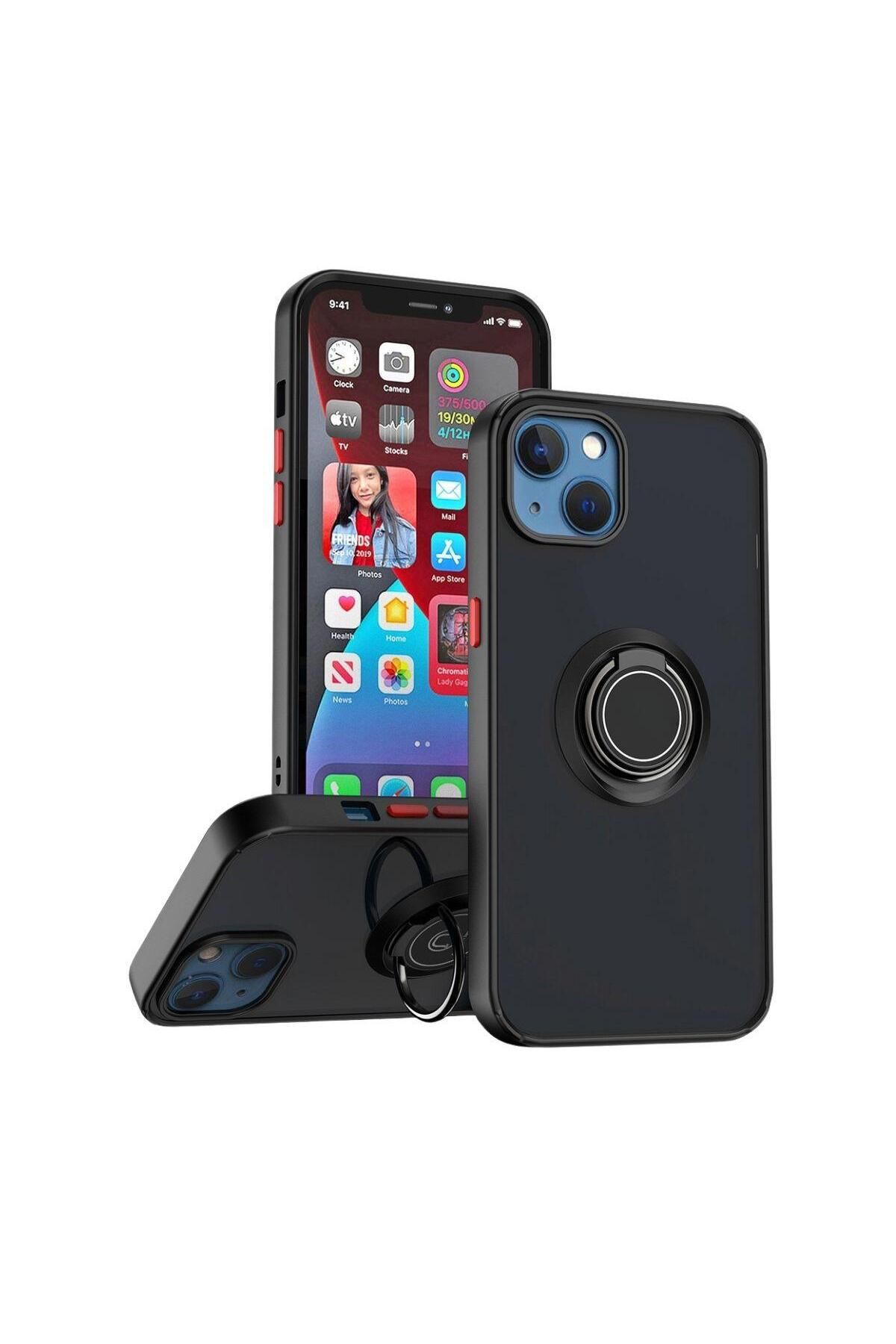 HANPORIUM Apple iPhone 14 Uyumlu Kılıf Yüzüklü Standlı Extra Darbe Koruma Sert Silikon Kapak - Siyah