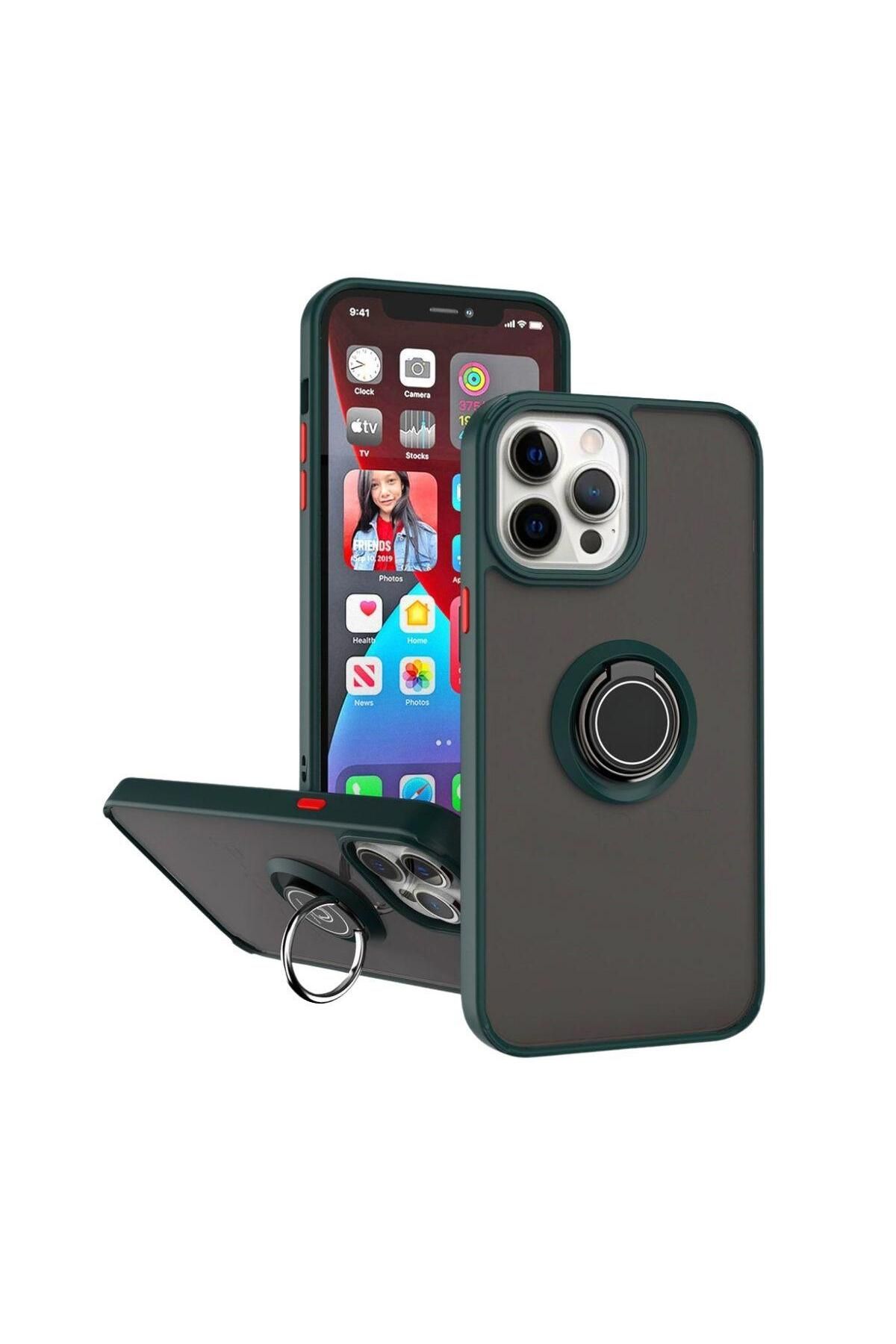 HANPORIUM Apple iPhone 12 Pro Uyumlu Kılıf Yüzüklü Standlı Extra Darbe Koruma Sert Silikon Kapak - Yeşil