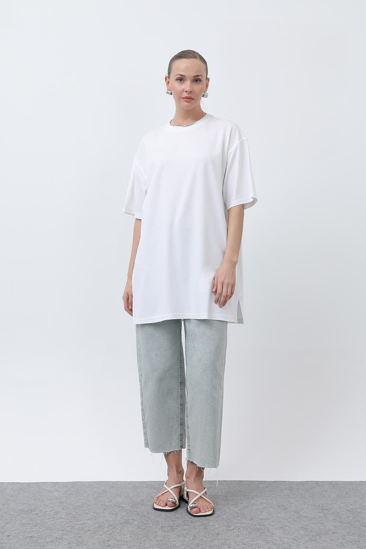 Puane Kadın Uzun Bol Kesim Tshirt - 40009TSH - ECRU