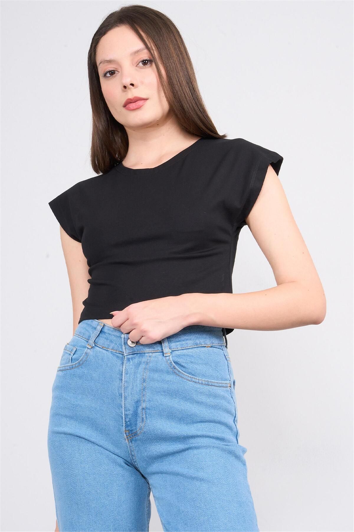 FİTHİT Çetinkaya Fithit 8503 Bisiklet Yaka 30/1 Likralı Süprem Crop T-shirt Siyah