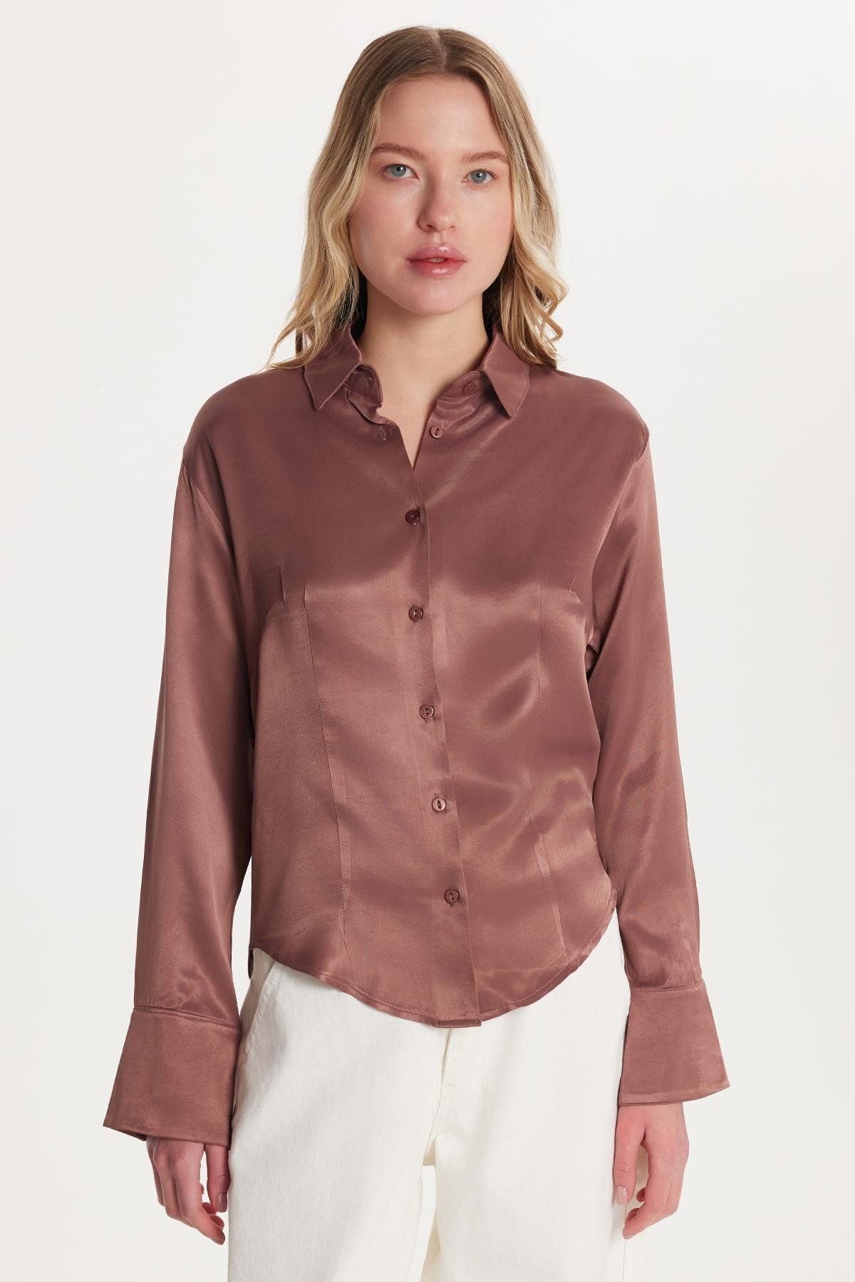 Tudors Kadın Slim Fit Dar Kesim Uzun Kollu Klasik Yaka Saten Gül Kurusu Gömlek