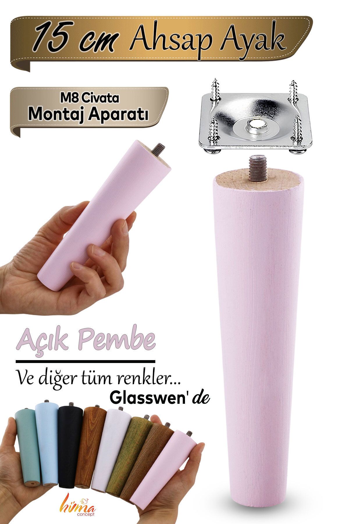 GLASWEN Ahşap Ayak 15 Cm Açık Pembe M8 Civatalı Bağlantı Aparatlı Dolap Mobilya Koltuk Kanepe Destek Ayağı