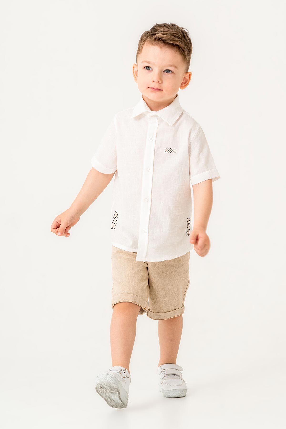 Gold Class Kidswear-Short Sleeve Button 2 Piece Linen Boy Shorts Suit 2
