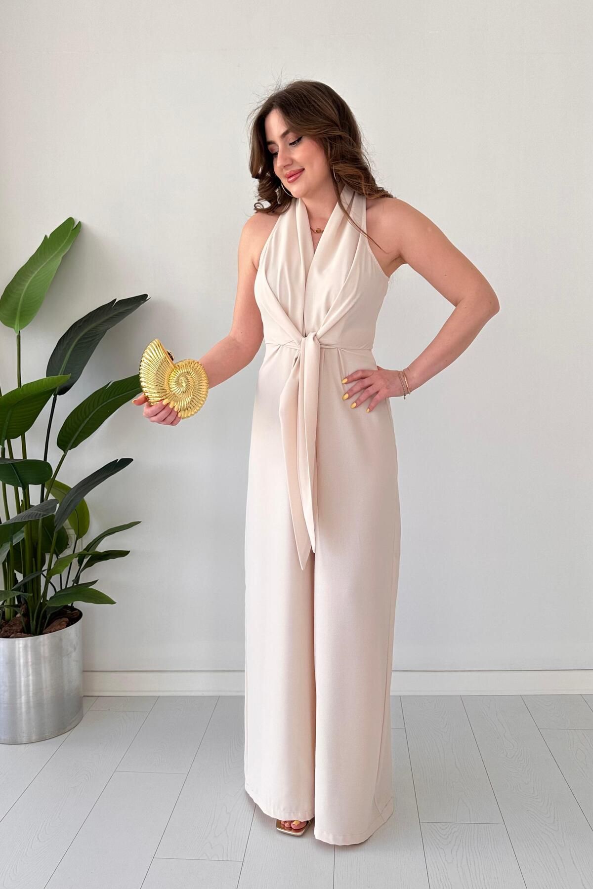 MaziButik Ön Bağlama Tulum Krem