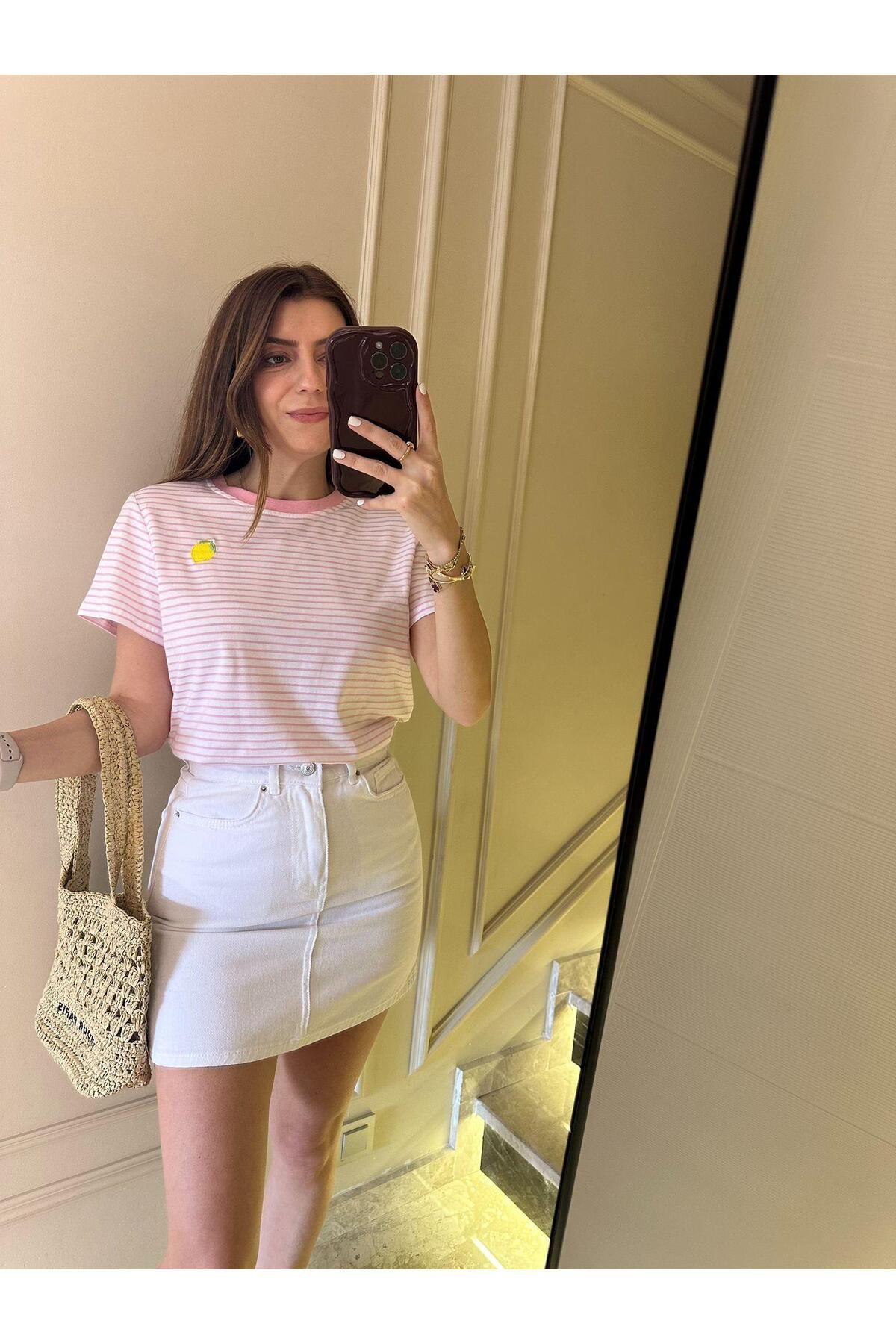 Chamakh Pembe Çizgili Limon Nakış Tişört