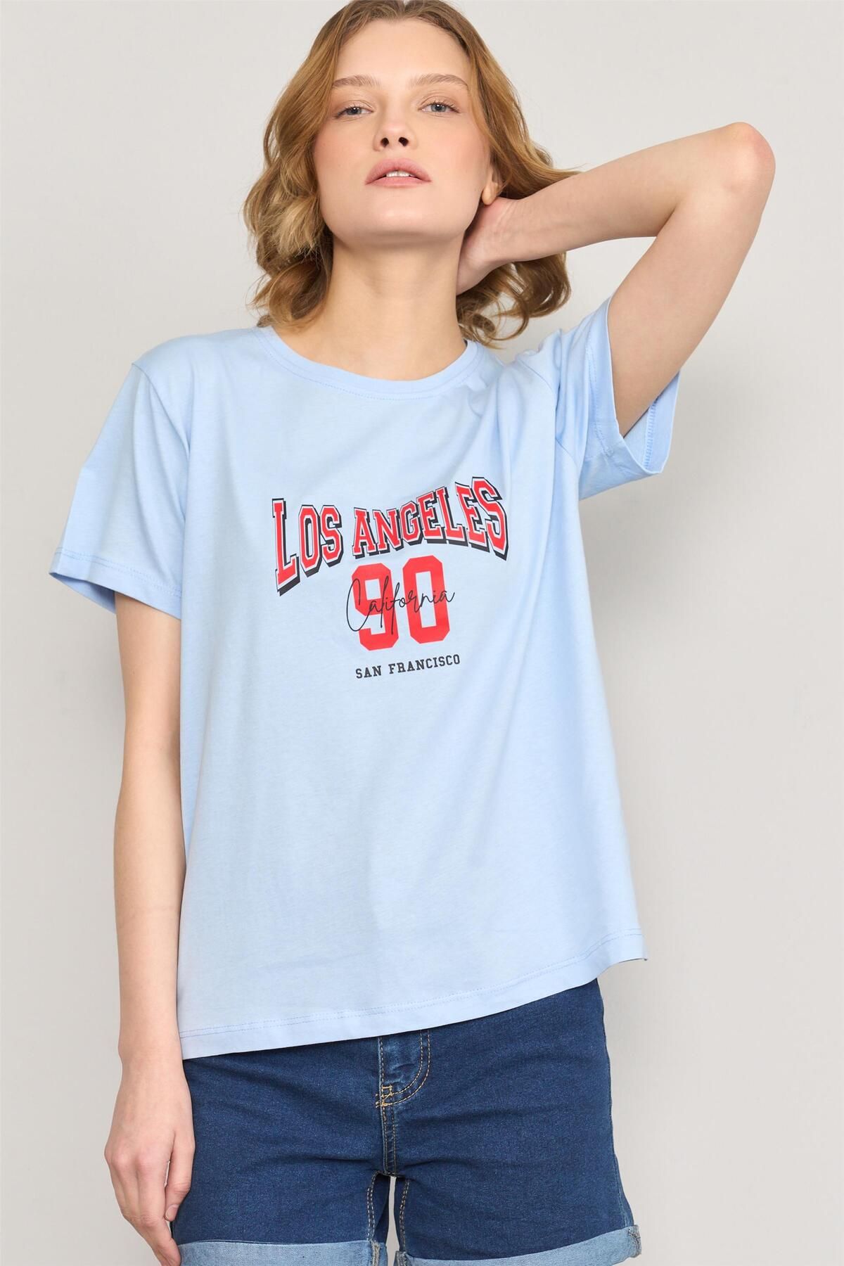 FİTHİT Çetinkaya Fithit 8474 Bisiklet Yaka 30/1 Compact Penye Süprem Baskılı T-shirt Açık Mavi