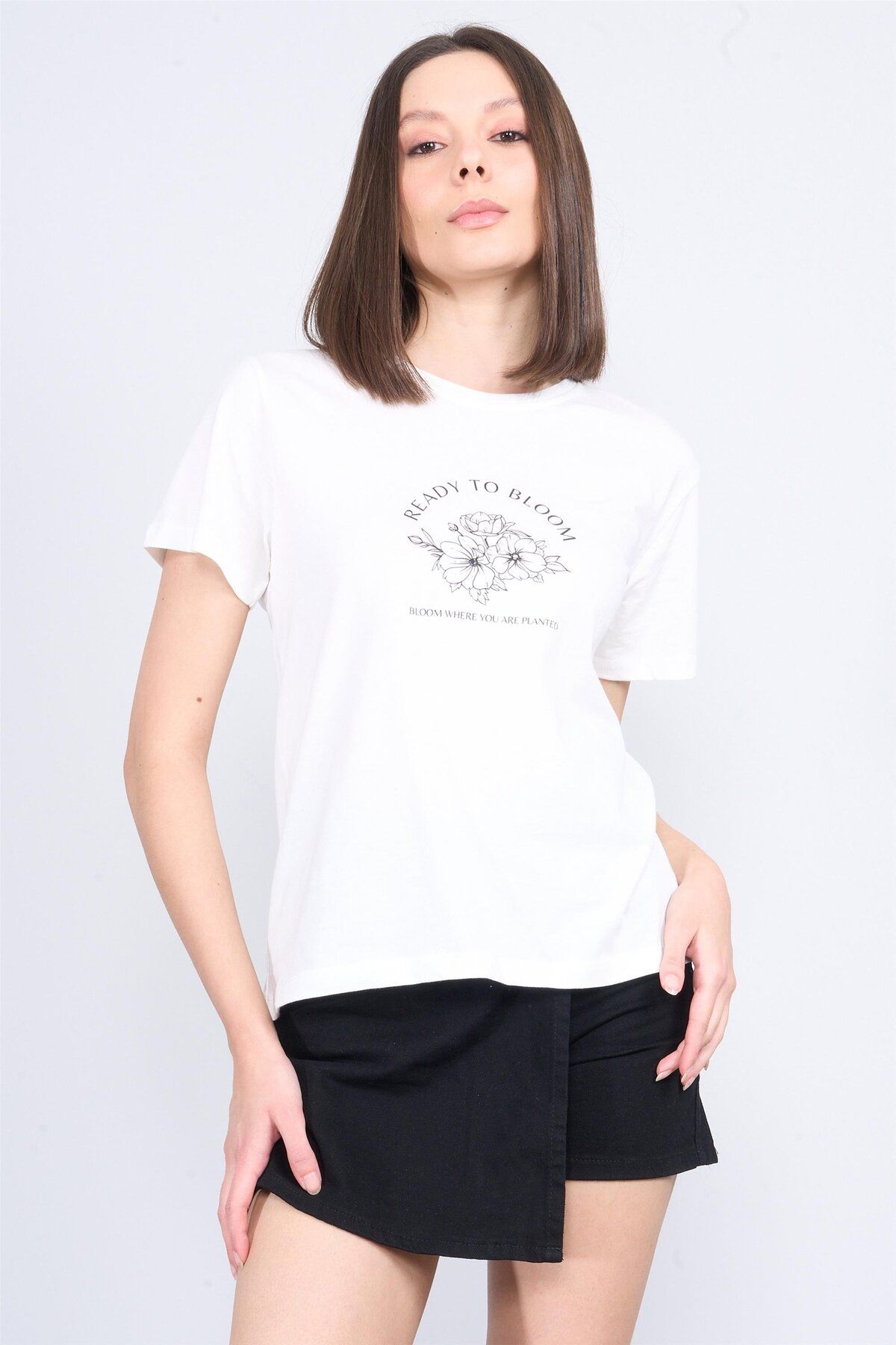 FİTHİT Çetinkaya Fithit 8497 Bisiklet Yaka 30/1 Compact Penye Süprem Baskılı T-shirt Krem