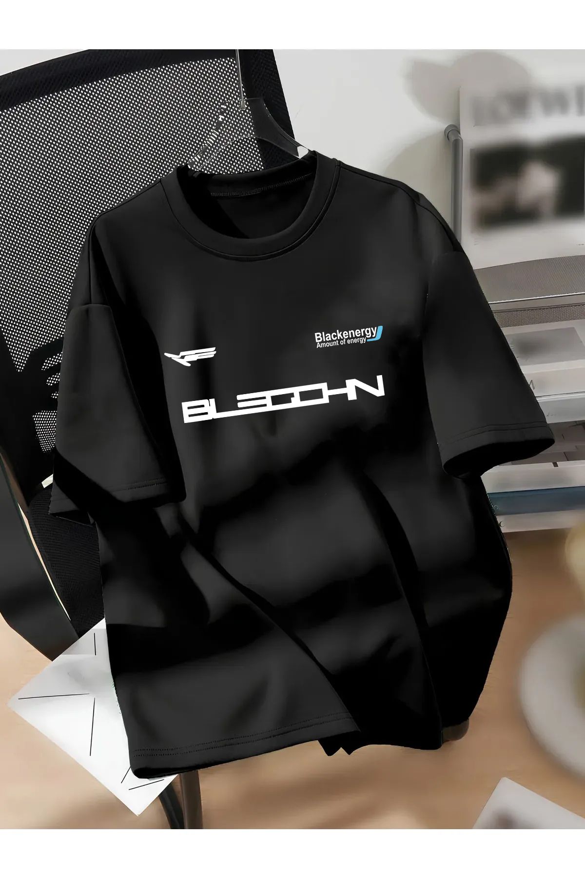 Cool mans Oversize Büyük Beden Battal Pamuklu Black Energy Baskılı Bisiklet Yaka T-Shirt