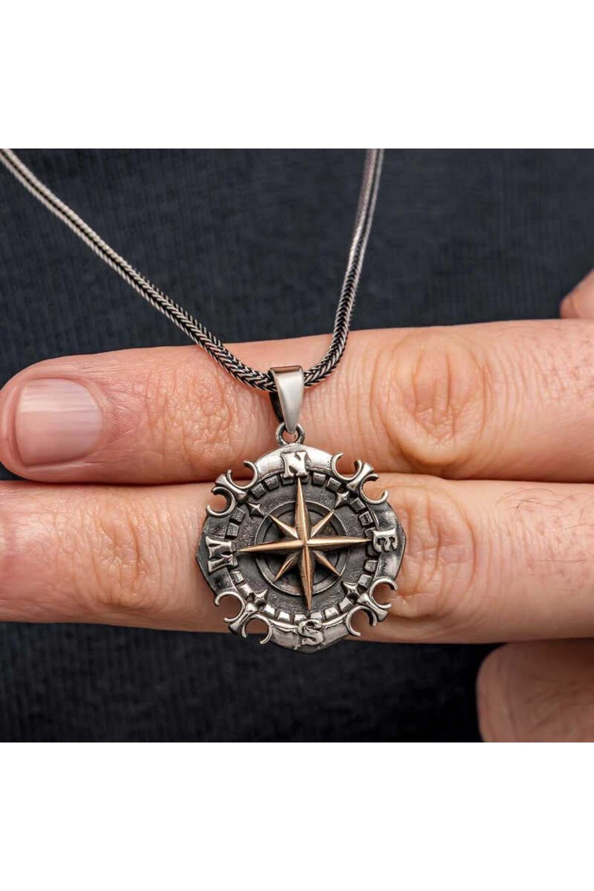 alsepeteavm Gümüş Viking Pusula Erkek Kolye