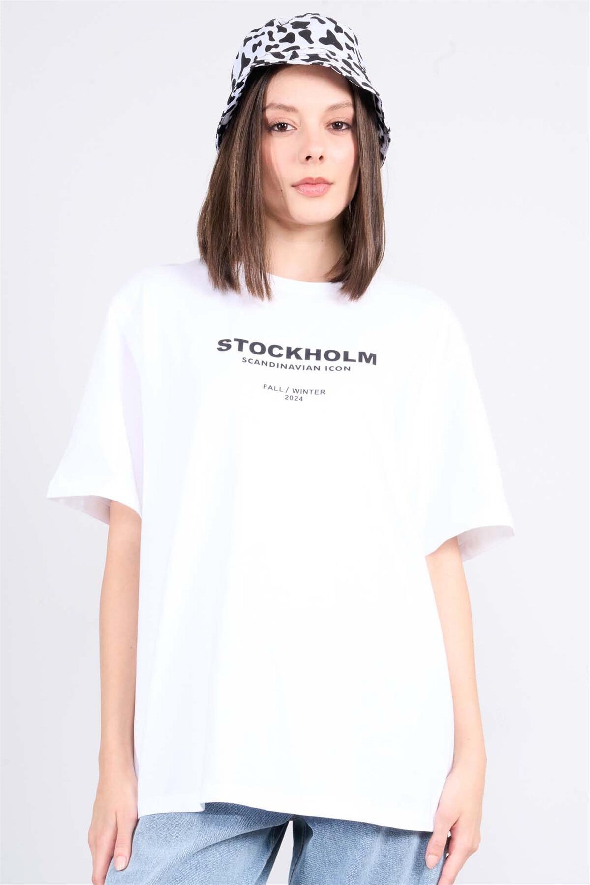 Helly Y25 Mb-6059 Beyaz Kadın Newyork Yazı Baskılı Bıyelı T-Shirt