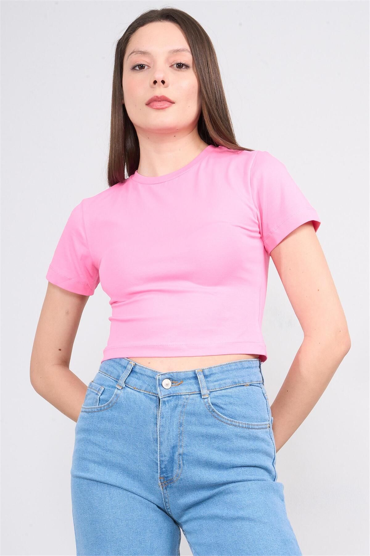 FİTHİT Çetinkaya Fithit 8510 Bisiklet Yaka 30/1 Likralı Süprem Crop T-shirt Pembe