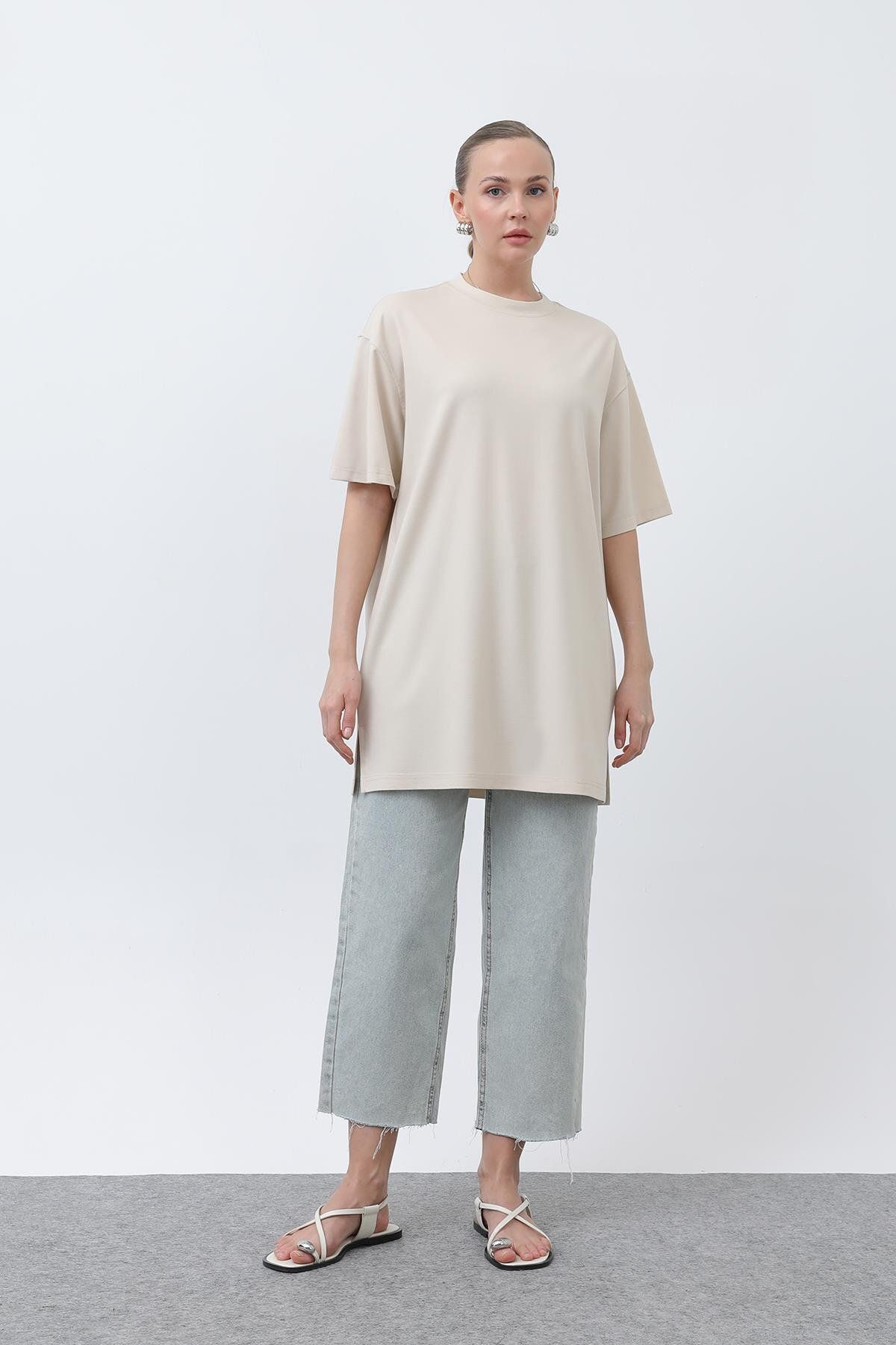 Puane Kadın Uzun Bol Kesim Tshirt - 40009TSH - BEIGE