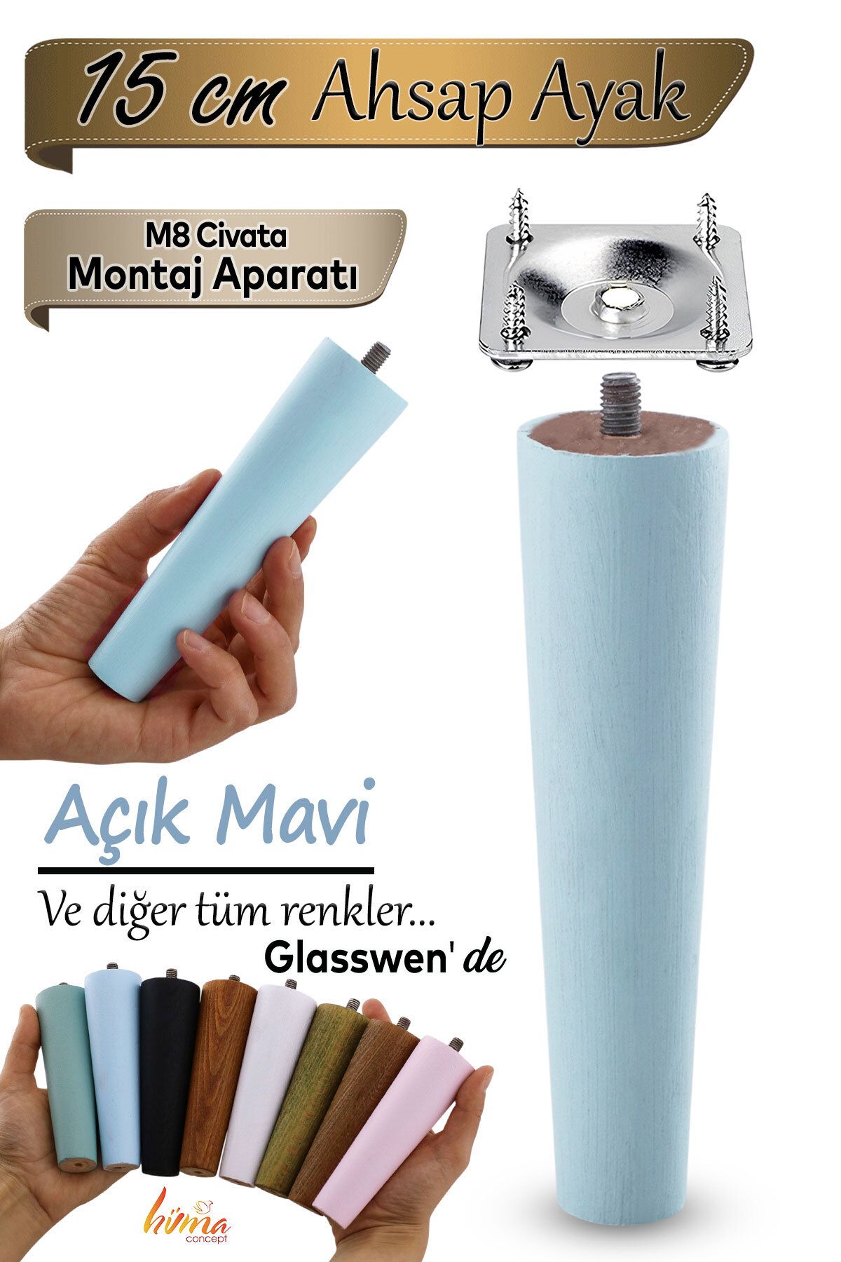 GLASWEN Ahşap Ayak 15 Cm Açık Mavi M8 Civatalı Bağlantı Aparatlı Dolap Mobilya Koltuk Kanepe Destek Ayağı