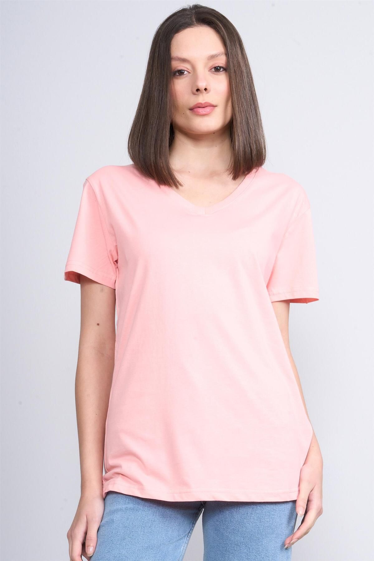 FİTHİT Çetinkaya Fithit 3265 V Yaka Basic T-shirt Açık Somon