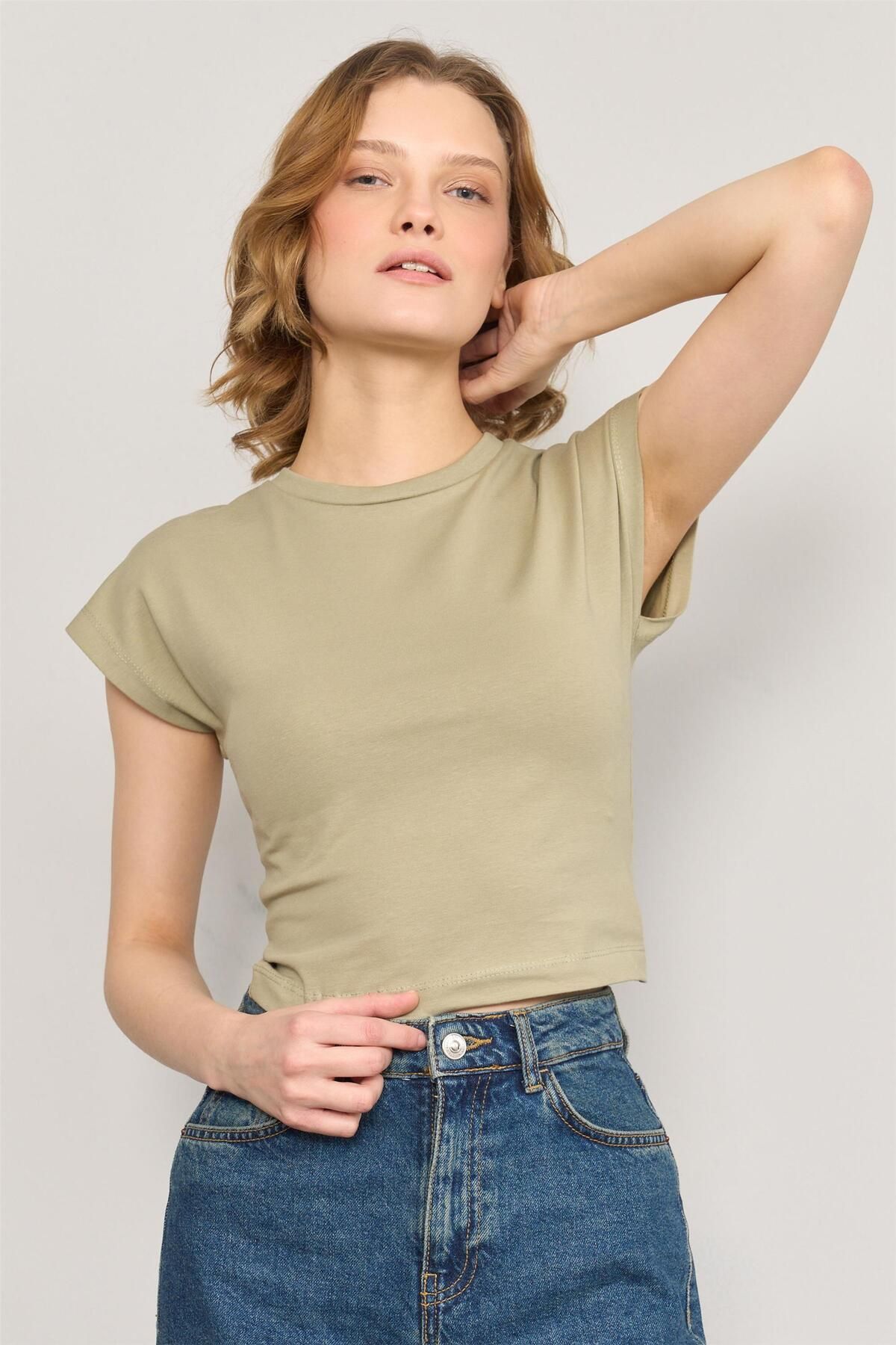 FİTHİT Çetinkaya Fithit 3266A Bisiklet Yaka 30/1 Likralı Süprem Crop T-shirt Olive